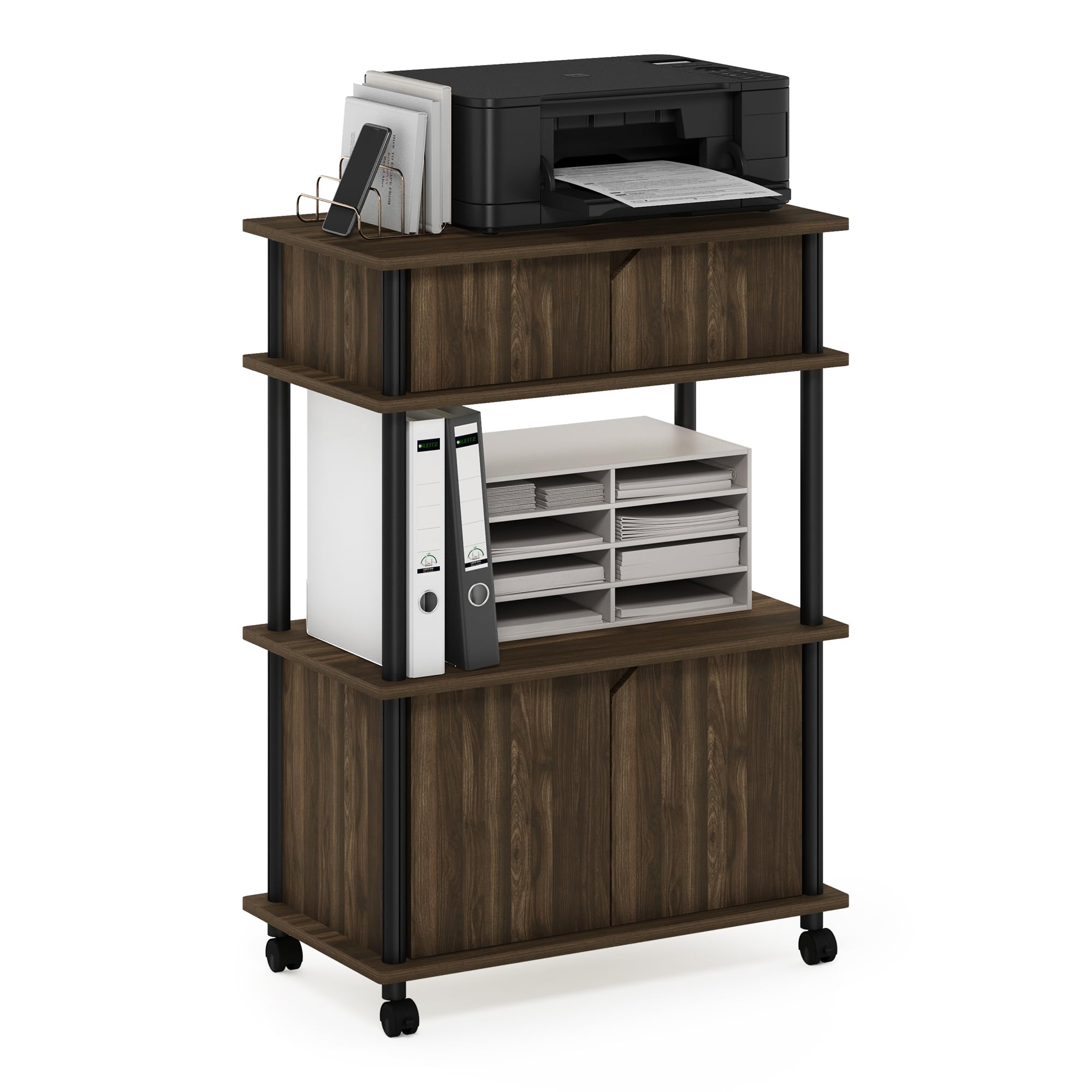 Furinno TURN-N-TUBE Printer Stand with Storage, 4-Tier Printer Stand with Wheels, Large Printer Stand, for CPU, Office Supplies, Home Office, Brown Walnut