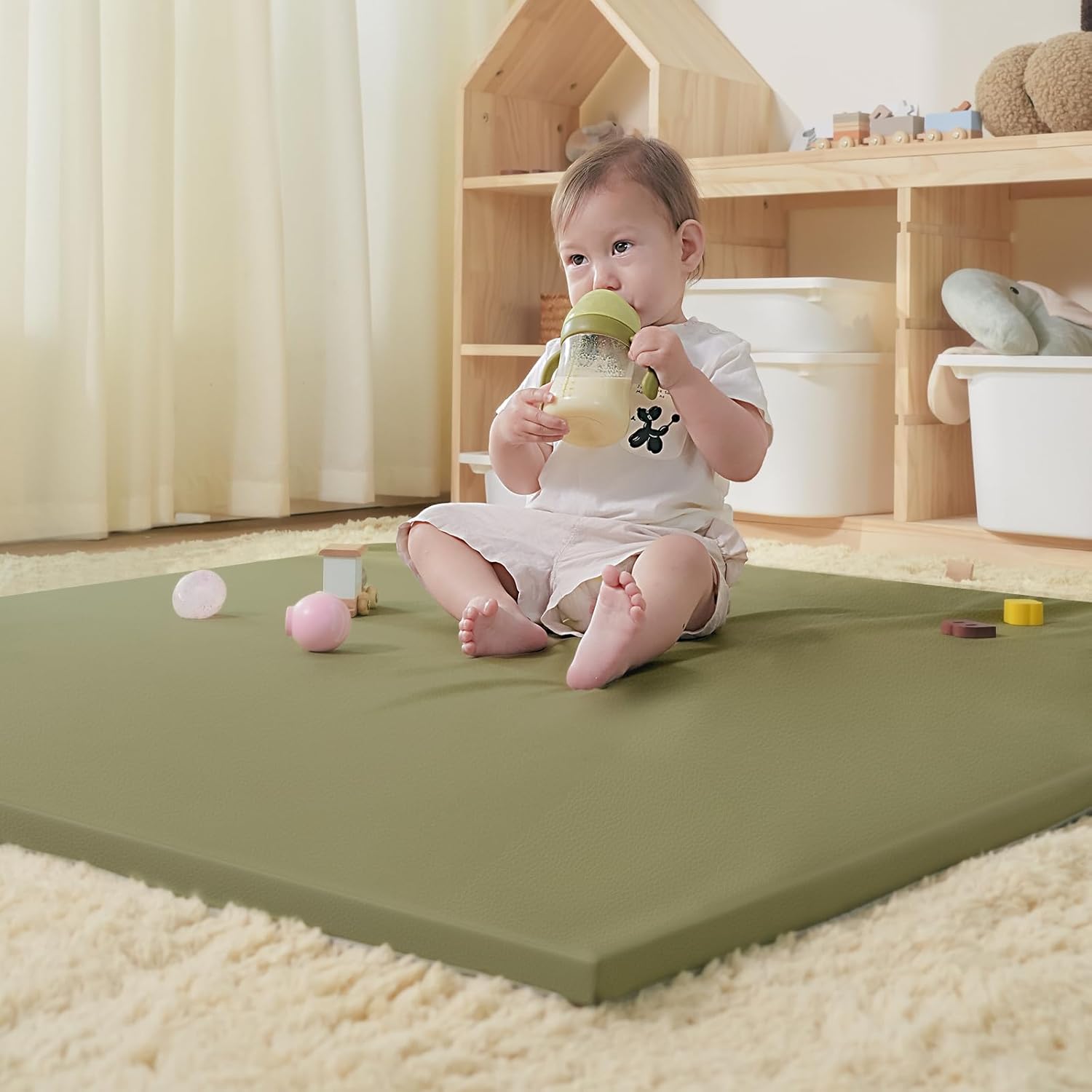 Vegan Leather Baby Play Mat, Wipe-Clean Play Mat for Floor, 50x50 in Thicken Foam Cushioned & Waterproof Playpen Mats for Infants, Kids and Toddlers, Green Green 50*50