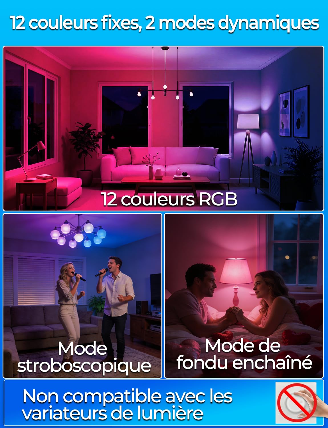 iLC Ampoule Couleur LED, Équivalent 40W, E27 Telecommande Blanc Chaud (2700K) Changement de couleur Ampoule 5W - RGB 12 choix de couleur - Edison Screw (Lot de 4)