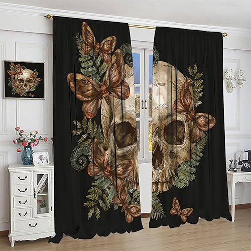 Miniatura 4 de Cortinas opacas de calavera de Halloween, diseño de mariposa, gótico, esqueleto, negro, con bolsillo para barra, para dormitorio, sala de estar,