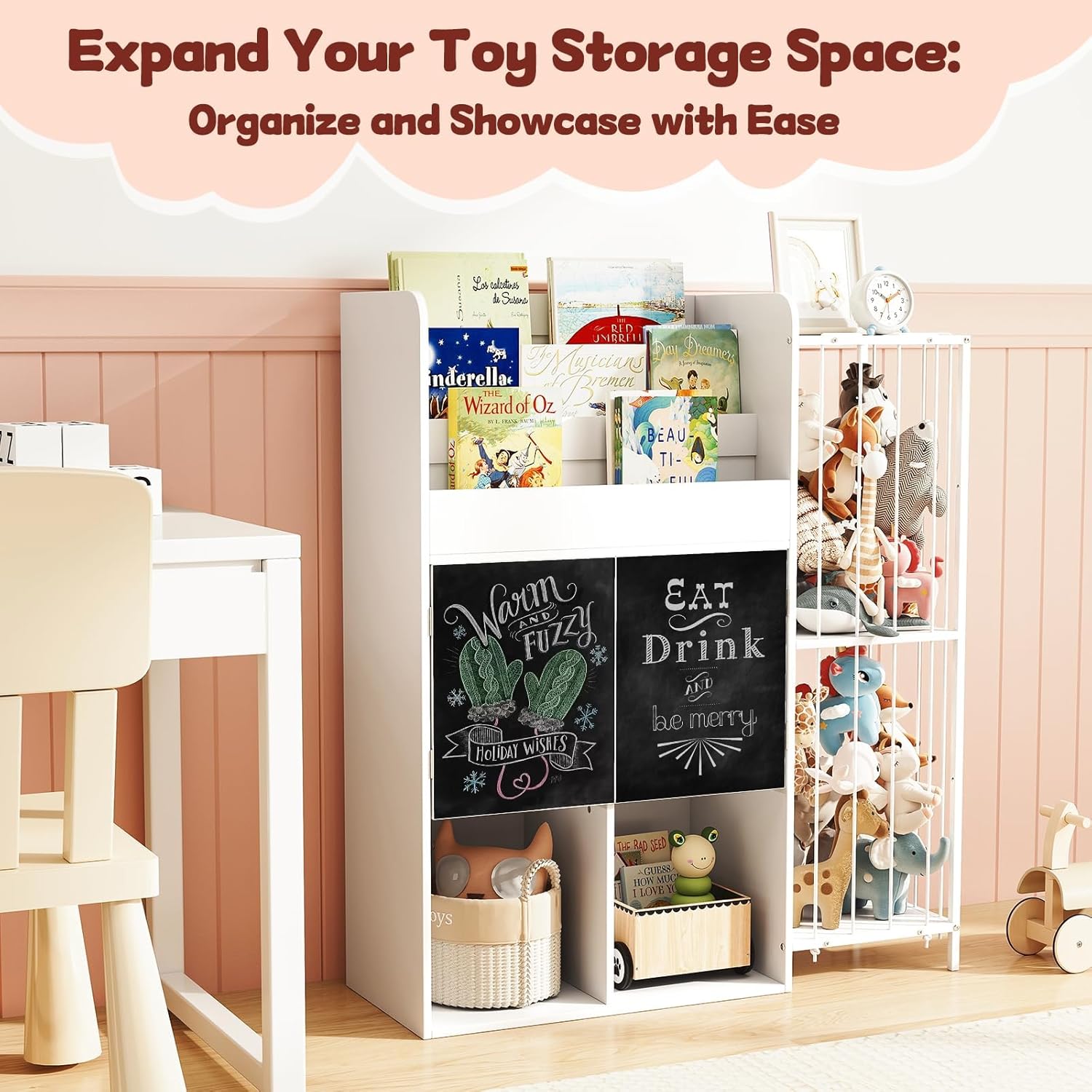 Wooden Bookshelf with Toy Storage Organizer White Storage Cubbies Chalkboards, 4 in 1 Tall Bookshelf for Kids with Stuffed Animal Net for Rooms Bedroom Playroom