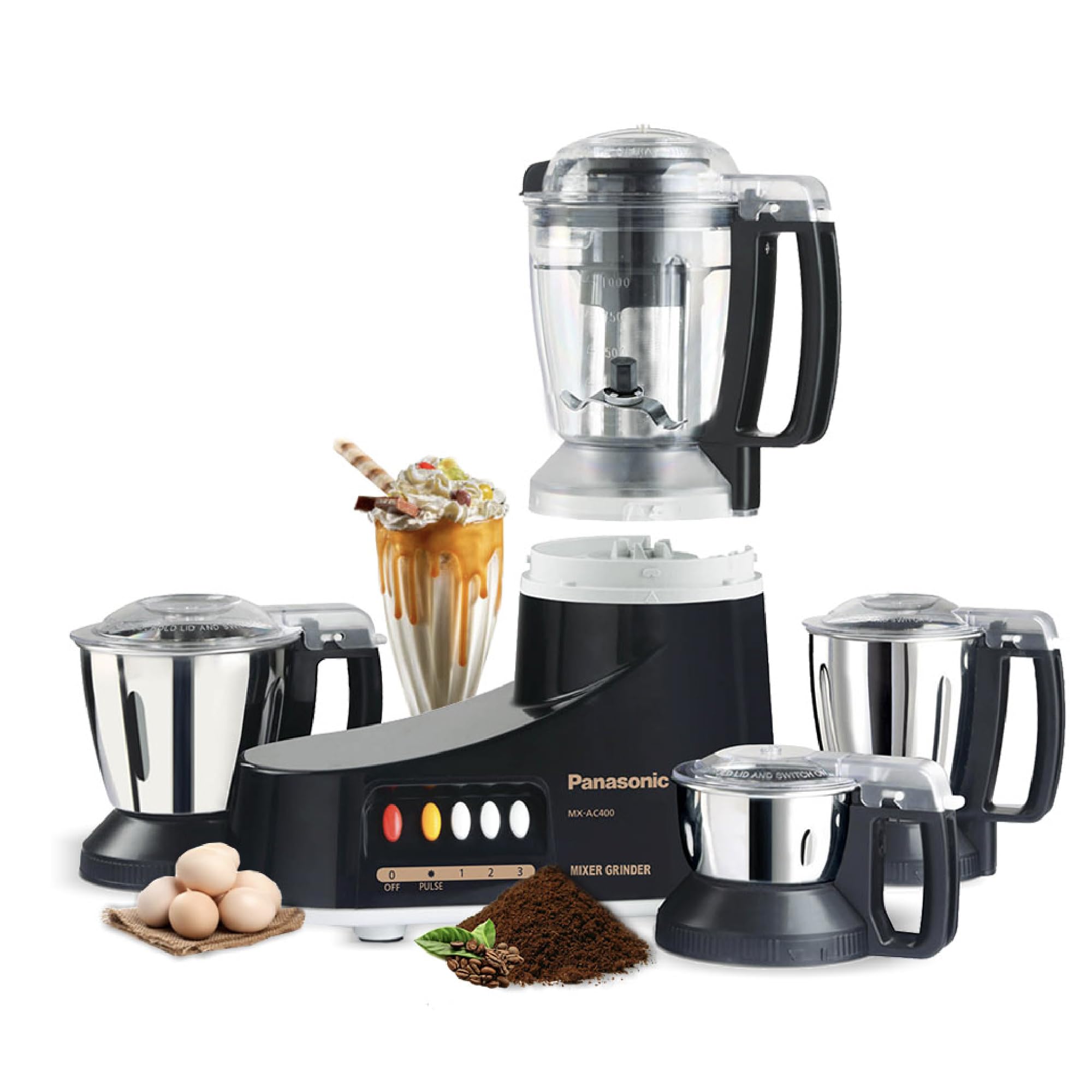Panasonic Super Mixer Grinder, 1000W, Mx-Ac400, Black, 3 Stainless Steel Jars, 1 Juicer Jar