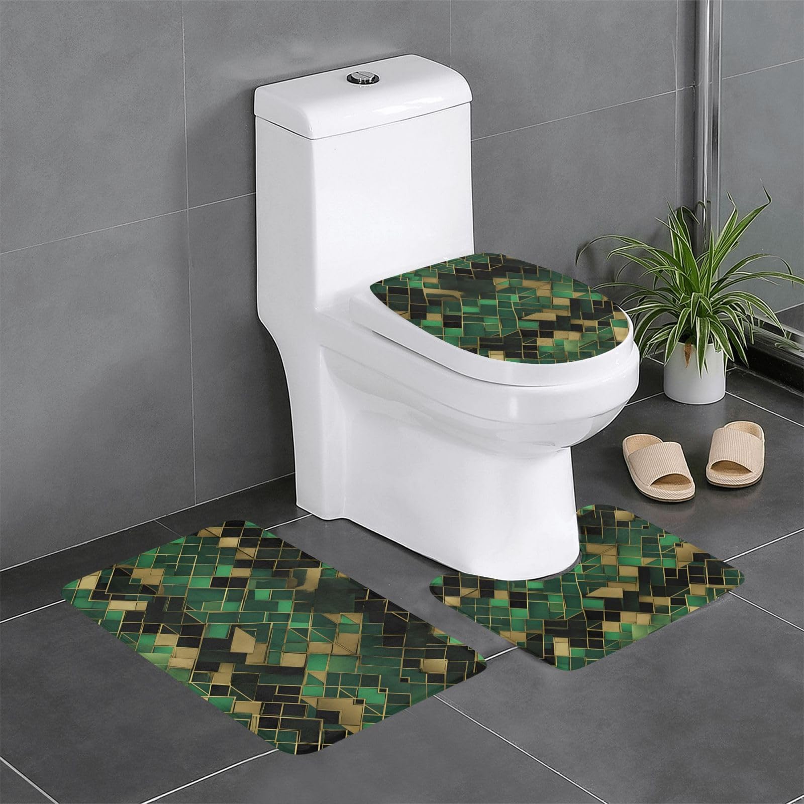 Tapis de sol pour salle de bain motif carreaux noirs et verts lot de 3 pièces