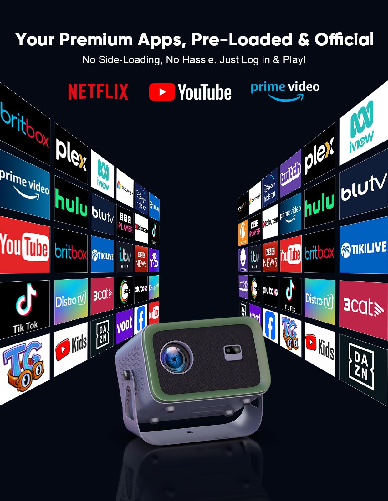[Compatibile con Netflix e Dolby Audio] Proiettore intelligente TMY con WiFi e Bluetooth, vero supporto 4K per esterni, Keystone automatico e supporto girevole a 360°, proiettore portatile per interni
