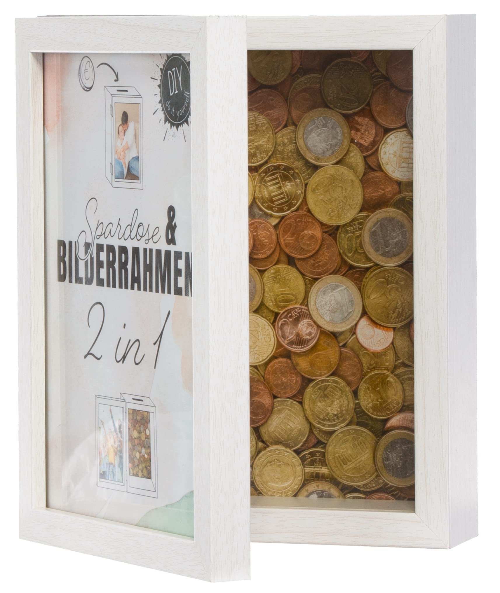 Brandsseller Hucha 2 en 1 para marco de fotos, 19 x 14,6 x 5,5 cm, plegable, doble marco de fotos, aspecto de madera, color blanco