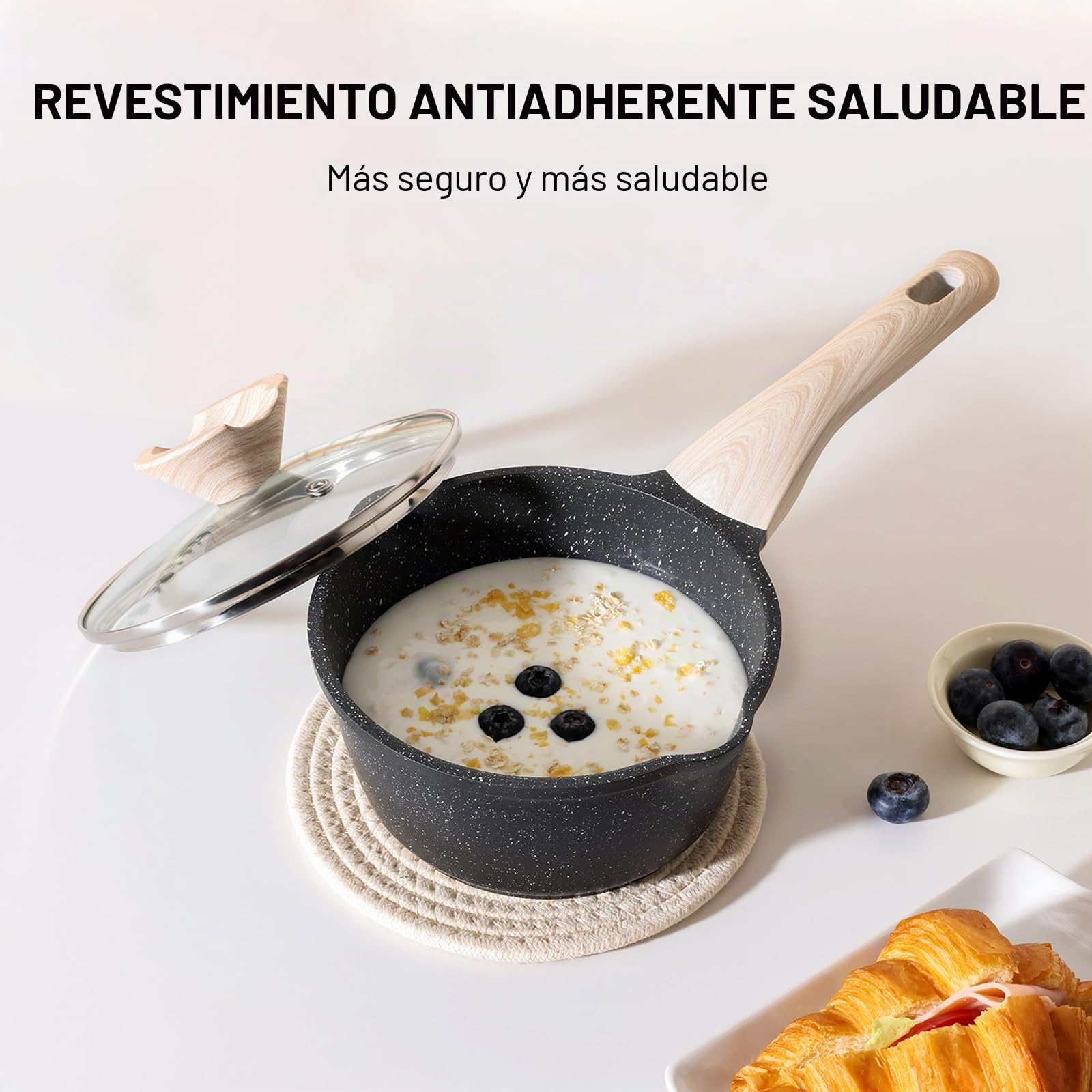 Kordisen Cacerolas con tapa, de 16 cm y 20 cm, con revestimiento de granito, doble boquilla para verter, fáciles de limpiar, aptas para cocinas de inducción - Ideales para cocinas pequeñas (Negro)