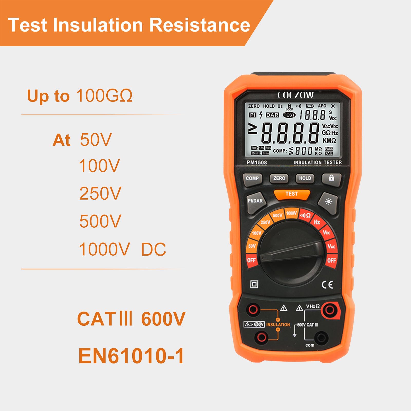 Testeur de résistance d'isolement mégohmmètre numérique 1000 V AC/DC pour appareils électriques, résistance d'isolement jusqu'à 100 GΩ, avec PI/DAR, test de fréquence et basse tension, avec écran LCD