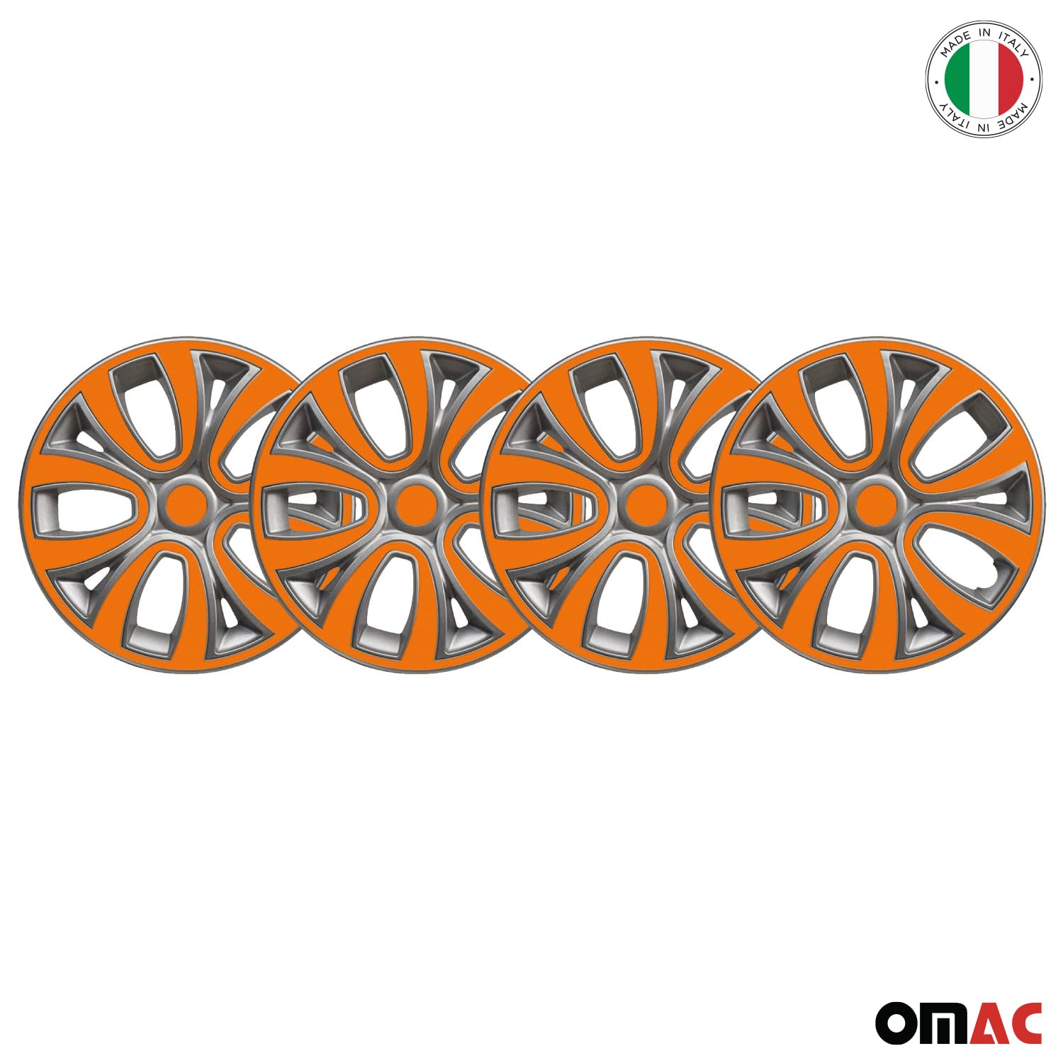 OMAC Lot de 4 enjoliveurs 16" compatibles avec voiture ABS | Enjoliveurs pour jantes en acier | 1 jeu (4 pièces) gris/orange avant et arrière