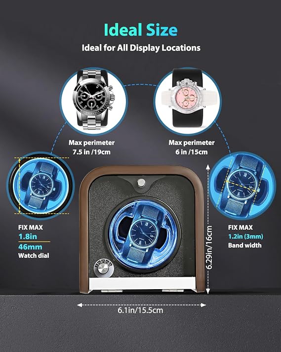 Watch Winder for Automatic Watches, Watch Winders Box for Rolex, 4 Rotation Mode Setting, Blue Light, Plug-in or 2 * AA Batteries (not included), Retro Style, Valentine Gift