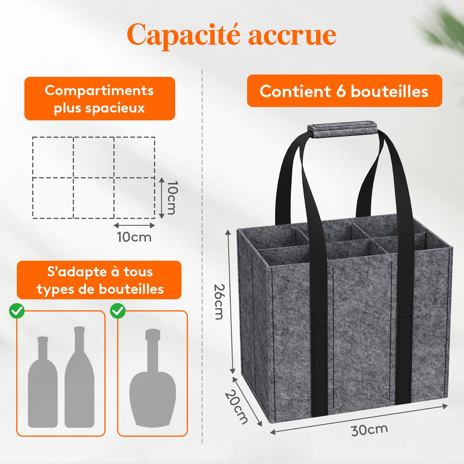 Lifewit Sac Bouteille en Feutre Robuste, Porte Bouteille pour 6 Bouteilles de 1,5 L, 30 x 20 x 26 cm