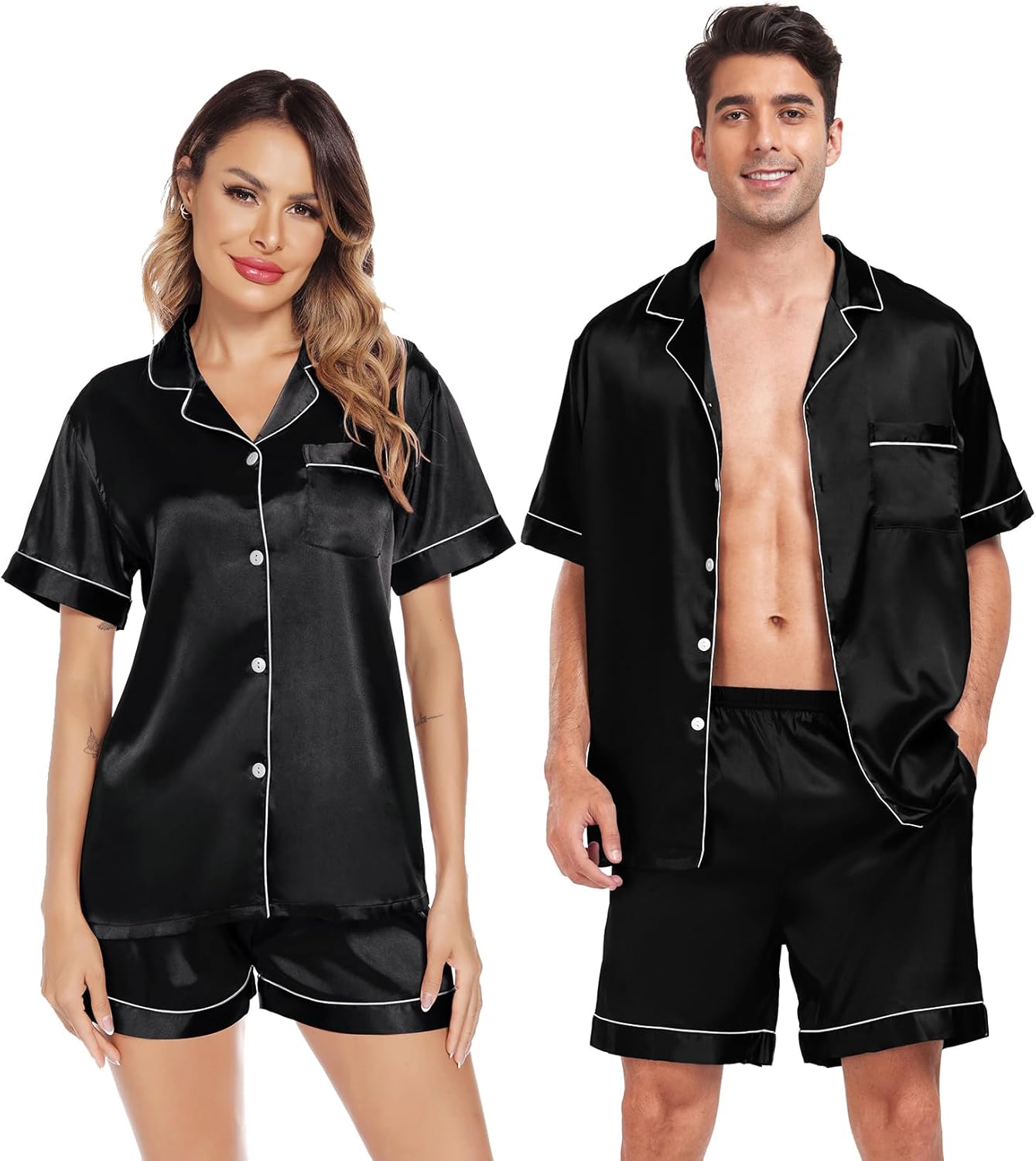 SWOMOG Matching Pajamas Sets for Couples 4 Pcs Silk Satin Pjs Sets Women & Men Button-Down Sleepwear Soft Loungewear - Image 3