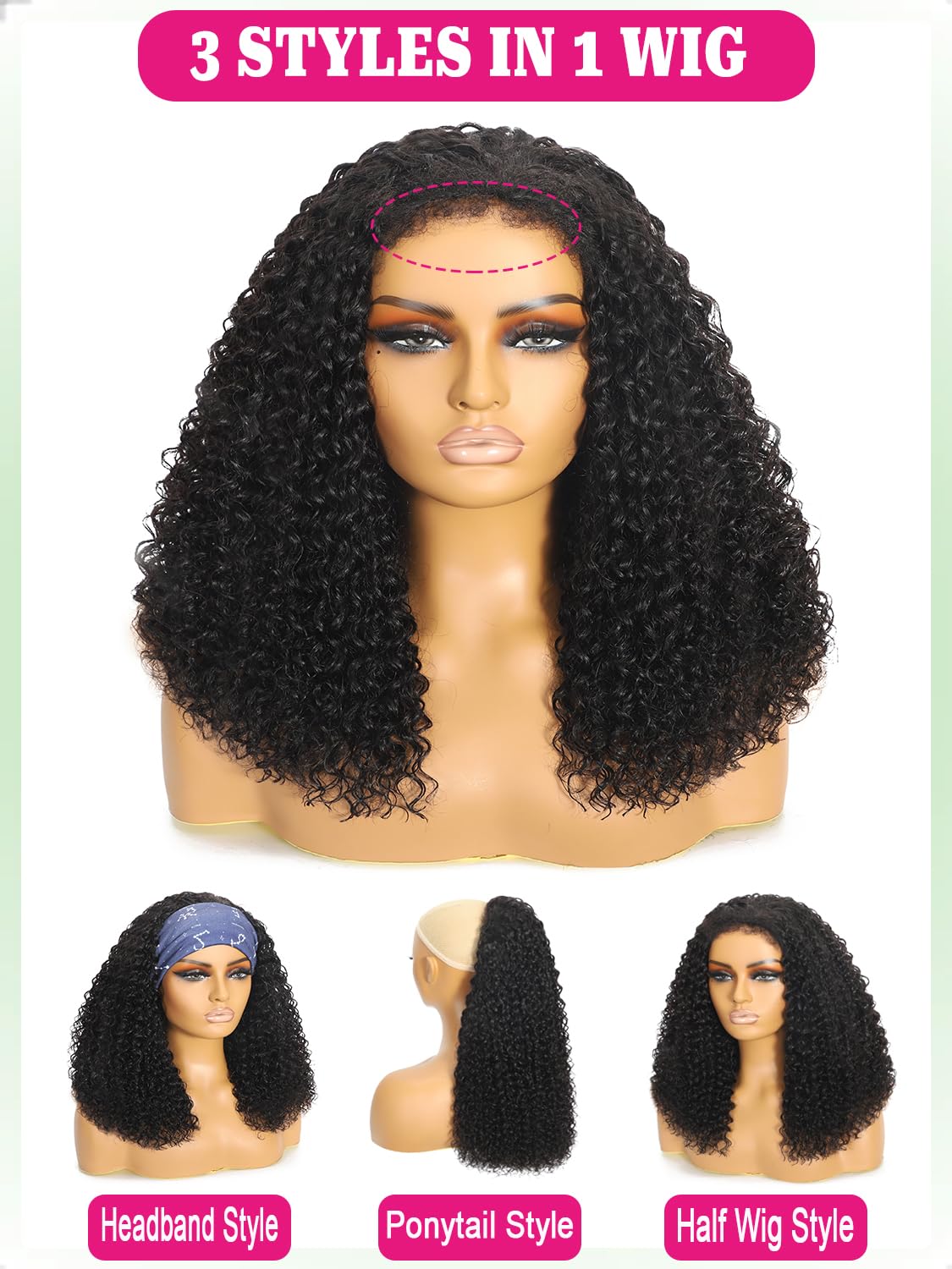 Half Wig Human Hair Water Wave 20 Inch Curly Half Wig 3 In 1 Adjustable Drawstring Seamless Flip Over Blend Edges Invisible Hairline Glueless Wigs Wear Go Beginner Friendly Curly Half Wigs for Women