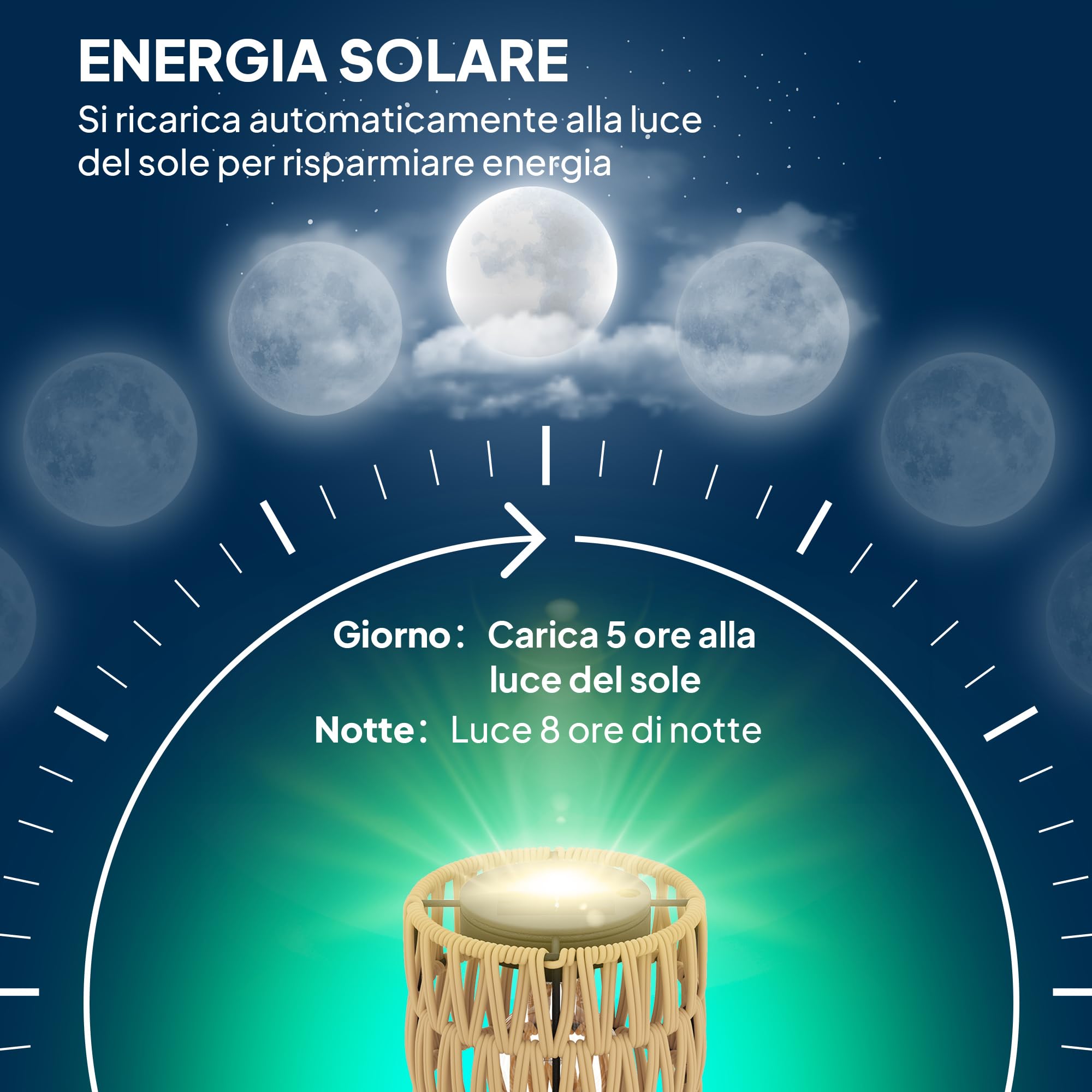 Outsunny Lampada da Terra Solare a 3 Luci Stile Boho con Base Rotonda e Ripiano Centrale, Lampada da Esterno Salotto in Rattan PE e Acciaio, IP44, per Camera da Letto Soggiorno, Nero e Giallo