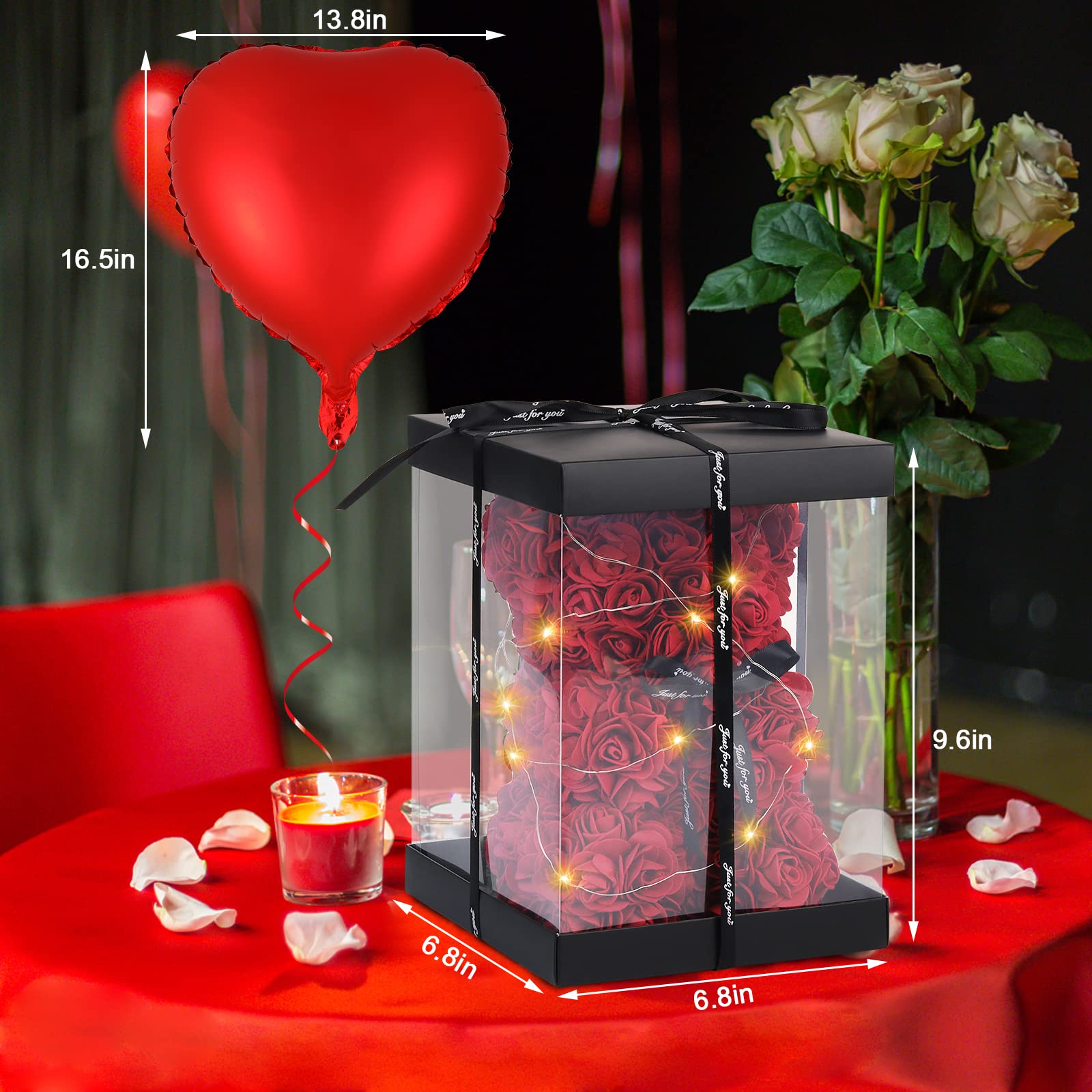 OURS EN ROSE FLEUR ARTIFICIELLE - CADEAU ROMANTIQUE FÊTE DES MÈRES AVEC LUMIÈRES ET BOÎTE CADEAU
