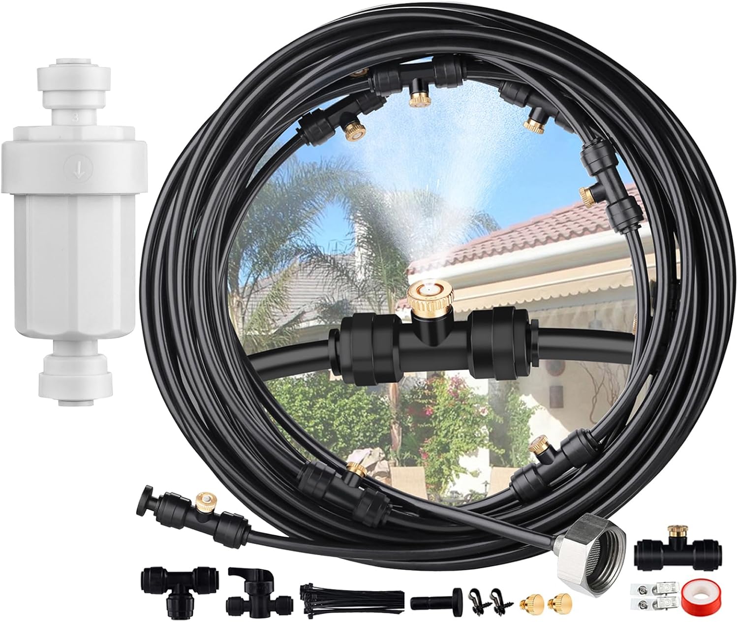 Misters for Outside Patio 30ft - LOHASV9 Misting System with Water Filter Pre-Assembled 30 FT 9M Misting Line Brass Mist Nozzles Adapter(3/4") Outdoor Misters for Patio Cooling Garden Greenhouse