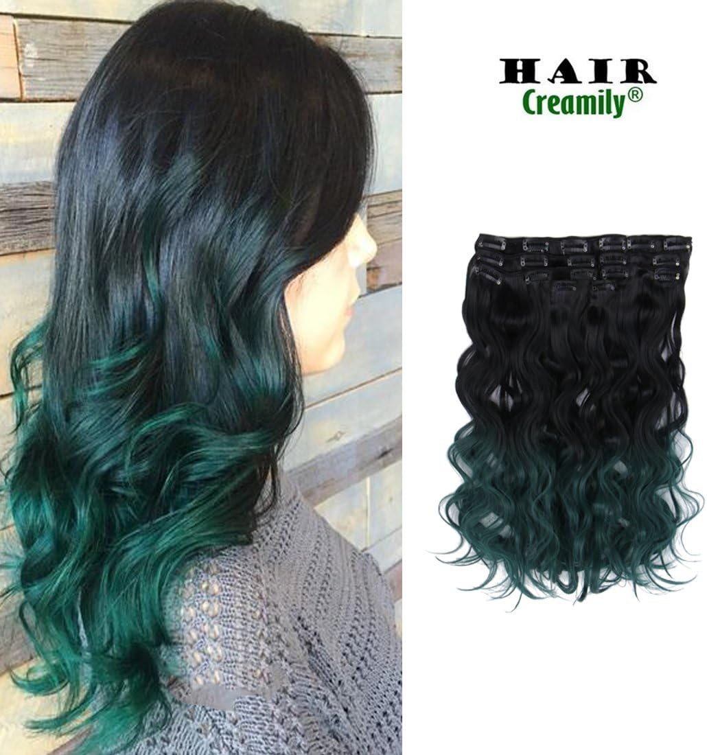 Creamily® Dark Alpine Green Hair Dye Ombre Color Bridesmaid Clip in Hairstyle Extensions 20 Inches for full head
