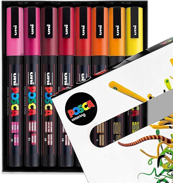 Posca PC-3M Paint Marker Art Pens - 0.9-1.3mm  Warm Tones Set of 8 Pens in Gift Box