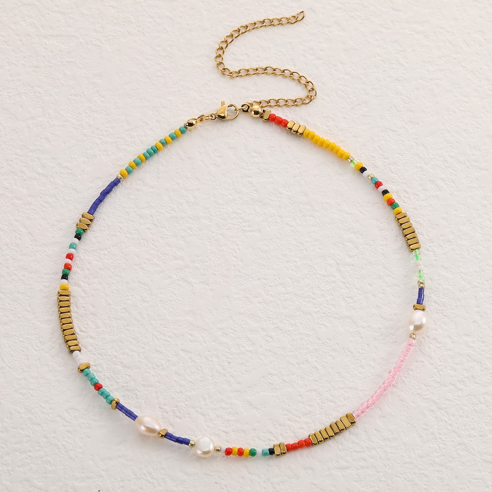 Wellike Freshwater Pearl Beaded Necklace for Women Handmade Boho Colorful Glass Beads Choker Necklace Stainless Steel 18K Gold Plated Bohemian Women Summer Jewelry Gifts