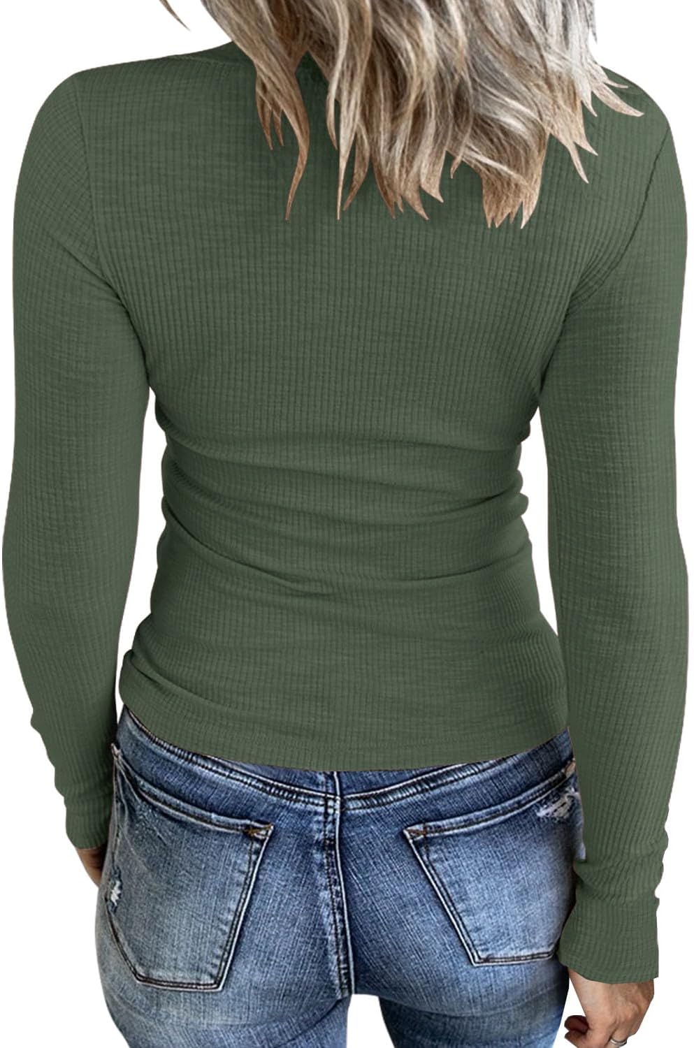 KINLONSAIR Women Casual Long Sleeve Tunic V-Neck Slim Fit T Shirts Basic Tee Tops Crew Neck Ribbed Knit Solid Shirt - Image 2