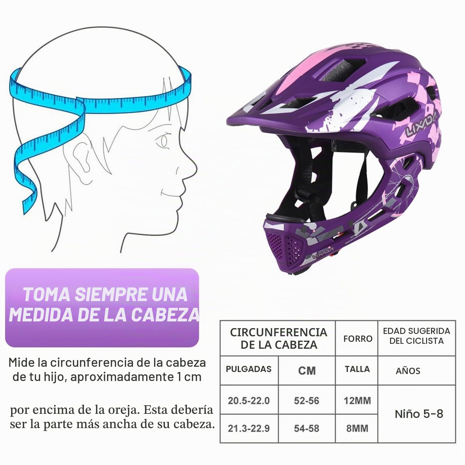 Lixada Casco de bicicleta infantil de cara completa, desmontable, unisex, 52-56 cm, casco infantil 2 en 1, tamaño ajustable, con protector de barbilla extraíble, para bicicletas, monopatines