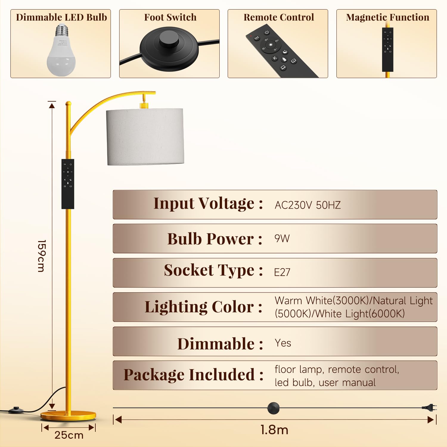GLUROO Lampadaire Or avec Télécommande,Lampadaire sur Pied Salon avec 3 Couleurs Changeantes,Luminosité Continue,Lampe sur Pied avec Ampoule à Intensité Variable pour Chambre à Coucher,Bureau
