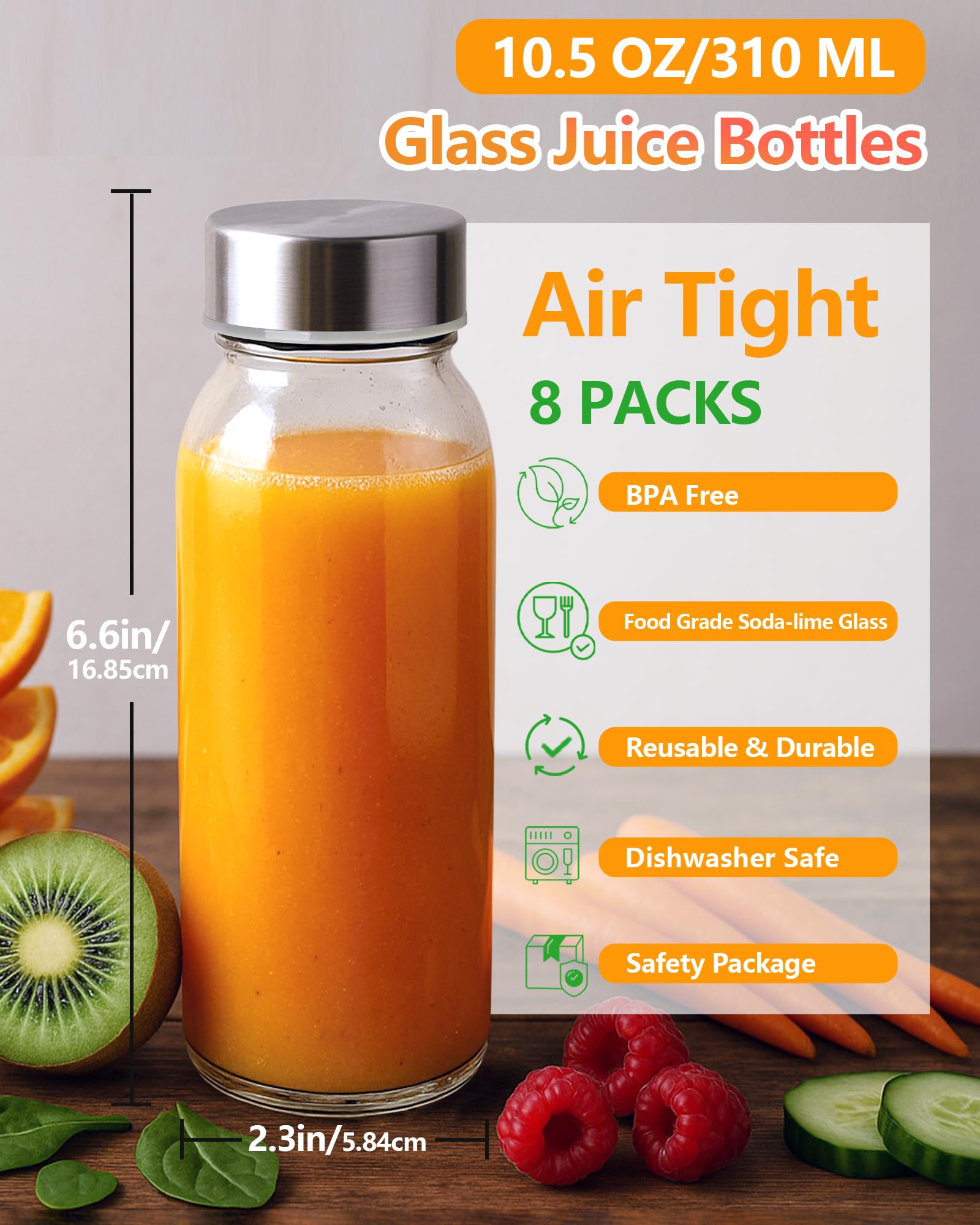 Zukro Glass Water Bottles with Lids 10.5 oz, 8 Pack Clear Reusable Glass Small Juice Bottles With Stainless Steel Cap for Juicing, Milk, Ginger Shot, BPA-Free Leak Proof 300ml Drinking Container Jar