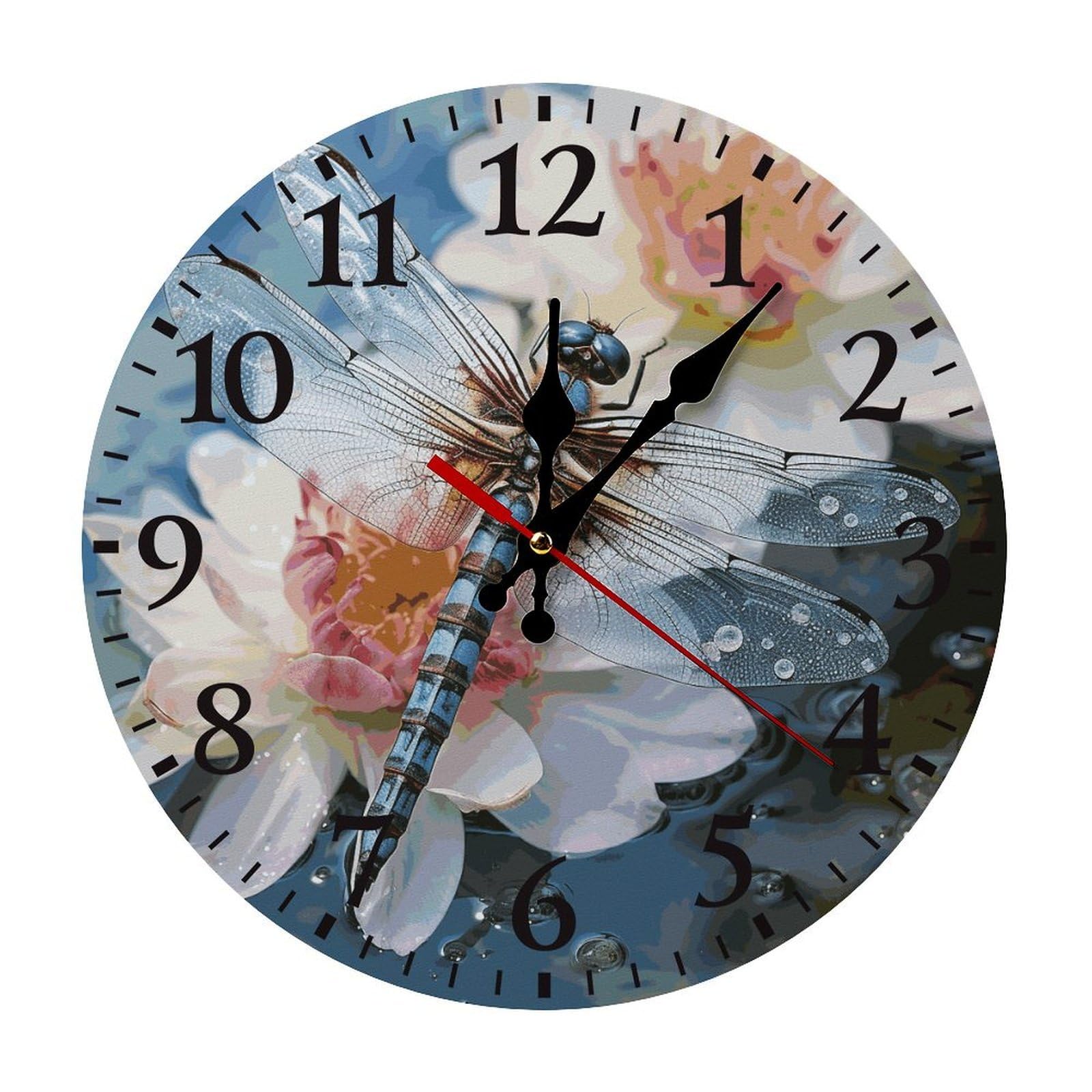 NTVOWPZO 10 Inch Wall Clock Dragonfly Flower Battery Operated Wall Clocks Silent Non-Ticking Round Wall Clock for Living Room Kitchen Home Office Wall Decorative Clock