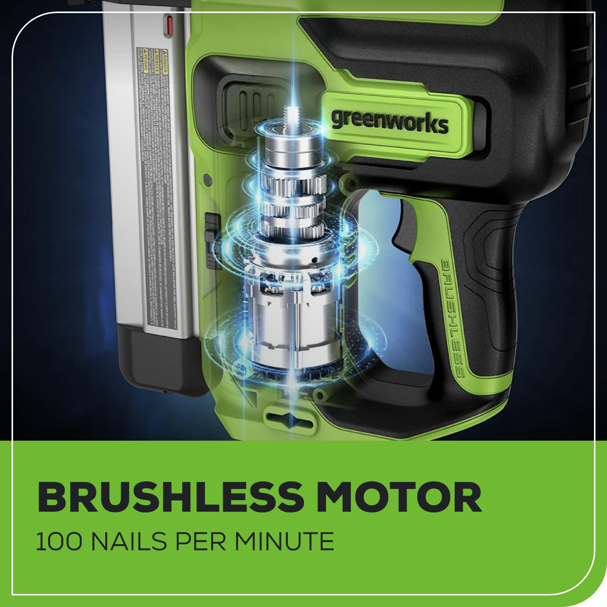 Greenworks Cloueuse sans fil 24 V (100 coups/min, longueur de clou max. 50 mm, réglage de la profondeur, tir simple/série, avec 500 clous, avec batterie 2 Ah et chargeur)