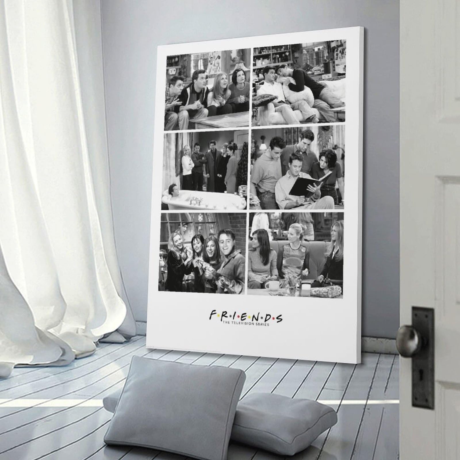 Un poster in bianco e nero con sei pannelli che mostrano il cast principale della serie TV Friends in varie scene poster pittura decorativa poster da parete su tela e stampa artistica moderna camera