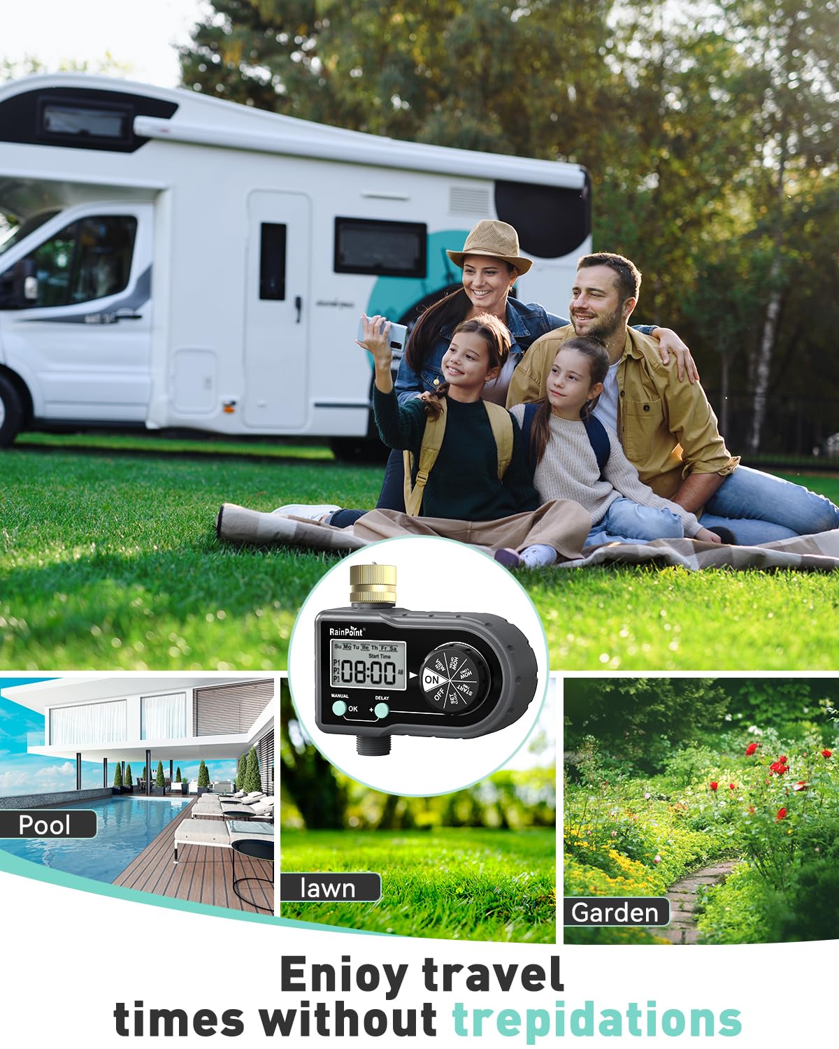RAINPOINT Temporizador de aspersor con 3 programas individuales, temporizador de agua de entrada de latón para manguera de jardín, controlador de aspersor, sistema de riego automático/manual para