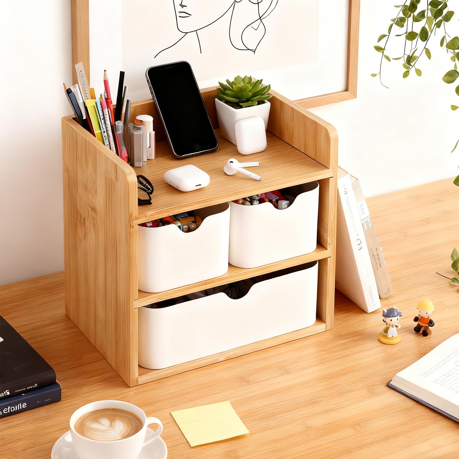 Aufbewahrungsbox mit Schubladen, Holz und Bambus, Schreibtisch Organizer, Make-Up Organizer Holz mit 3 Schubladen für Büro Zuhause Schule, Weiß