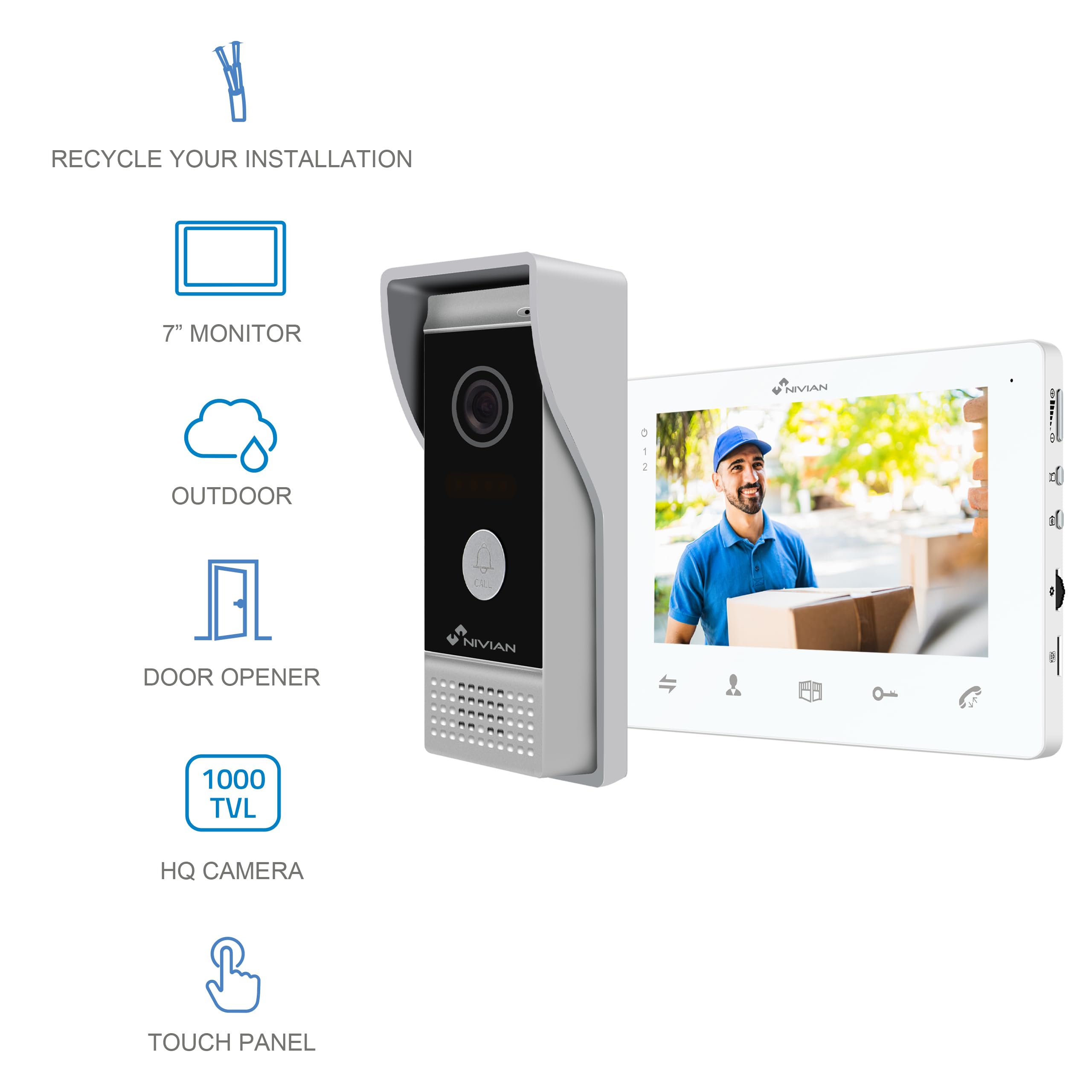 NIVIAN Videoportero 2 Hilos Analógico con Monitor 7” HQ Pantalla Interior con Audio Bidireccional | Placa Exterior IP65 Antivandálica con Visión Nocturna, Abrepuertas Eléctrico. Smart Security