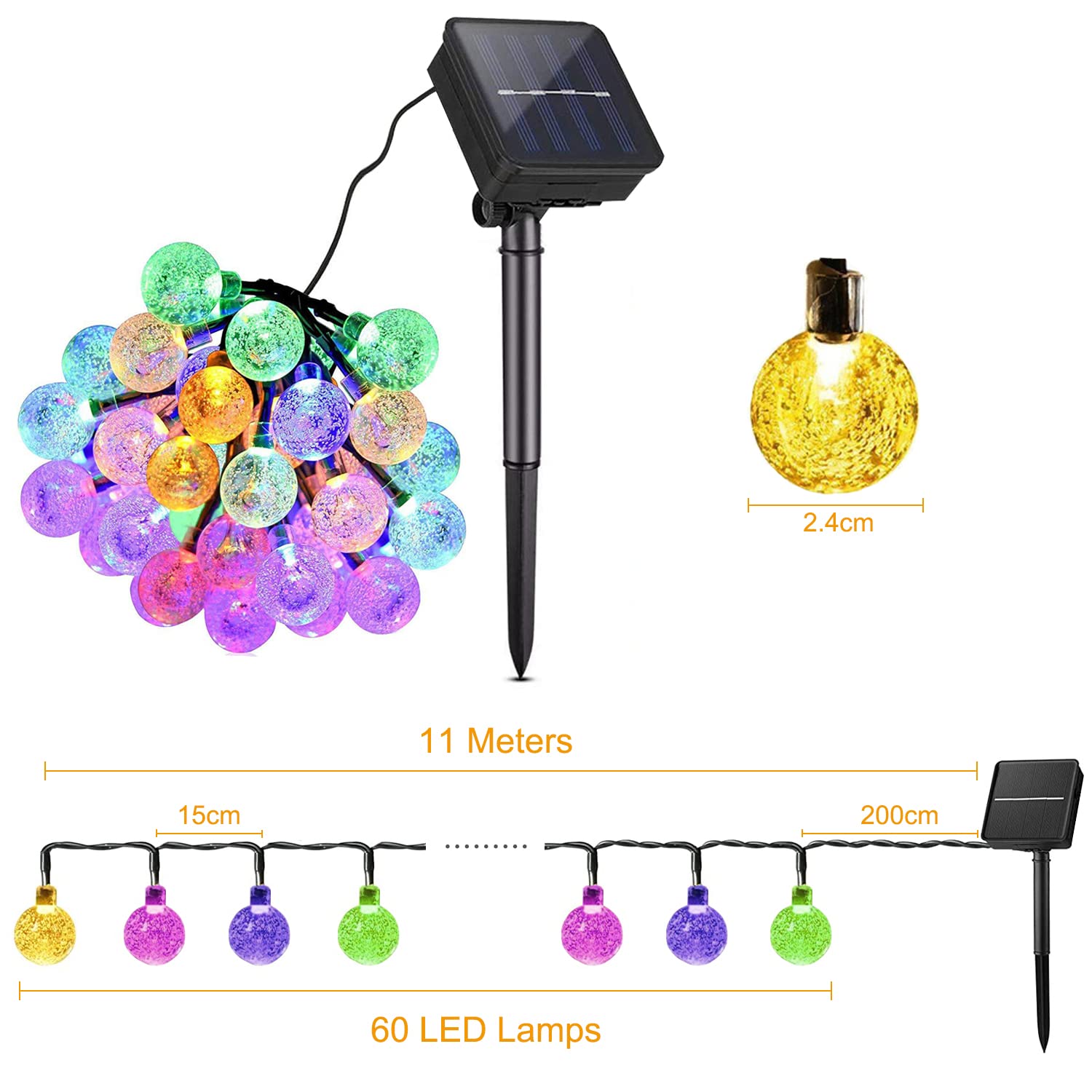 Anmossi Catena Luminosa Esterno Solare,11M 60 LEDs Catena Luminosa Solare,8 Modos,Impermeabile Lampada Solare per Giardino per Giardino,Terrazzo,Natale,Matrimonio,Festa(Colore)