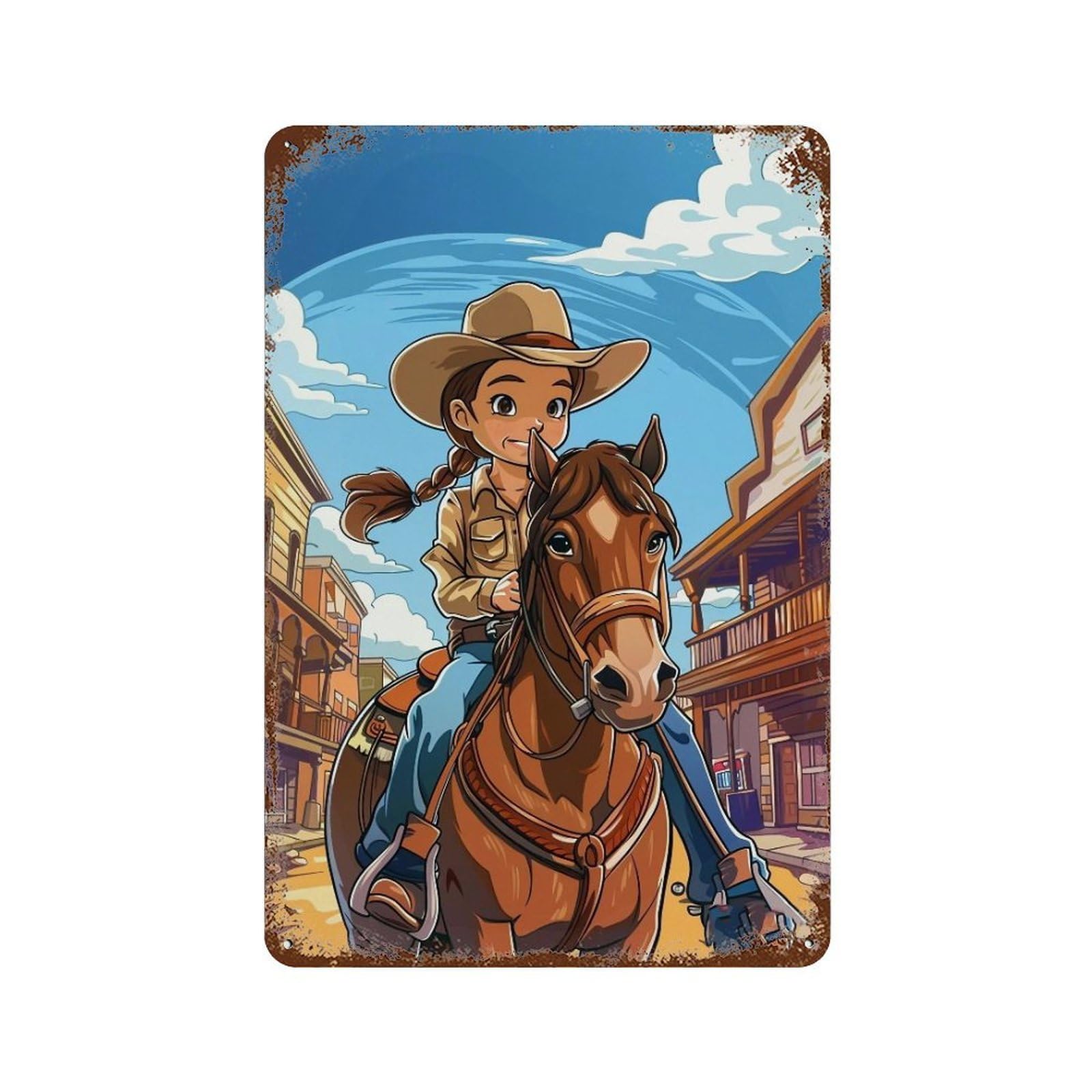FHUYEURHRY Happy Cowgirl Riding Horse 04 Wall Decor Retro Iron Vintage Art Metal Tin Sign Poster Modern Home Cofffee Club Art Bar Shop Decorations Style 30x20cm