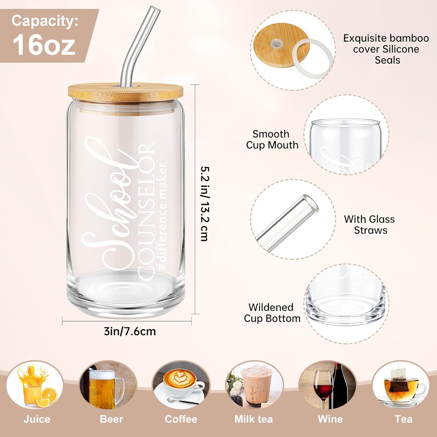 5 Pcs School Counselor Must Have for Women 16oz Glass Cup Makeup Bag Leather Notebook Pen Keychain Thank You Gift for School Counseling Week Guidance Teacher Appreciation(Brown) - Image 3