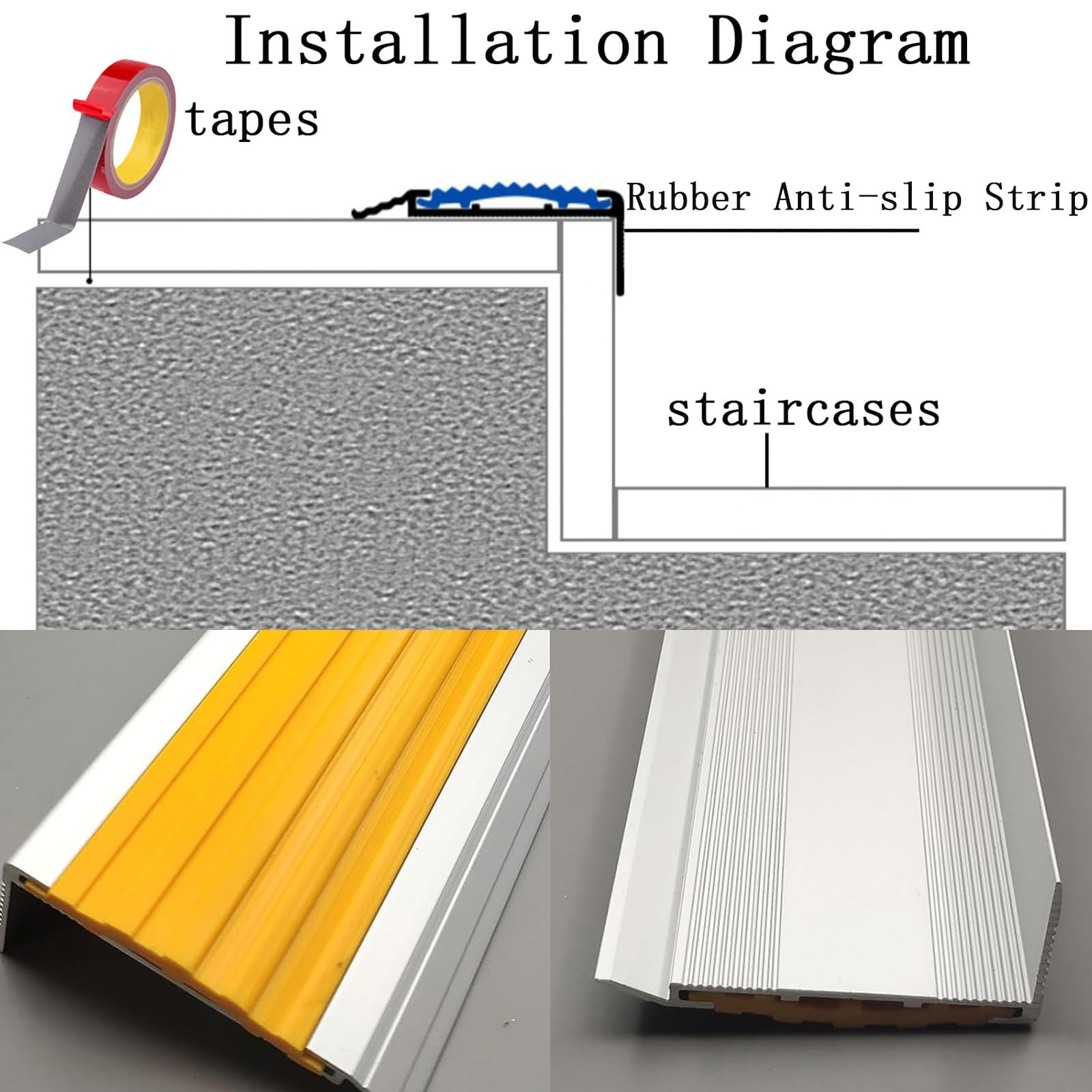 Perfil De ProteccióN para Borde De EscalóN Aluminio, Antideslizantes Tira Goma ExtraíBle, Borde De PeldañO, Cubiertas Borde Escalera, con Bandas Antideslizantes, 1 M De Longitud (Color : Yellow, Siz