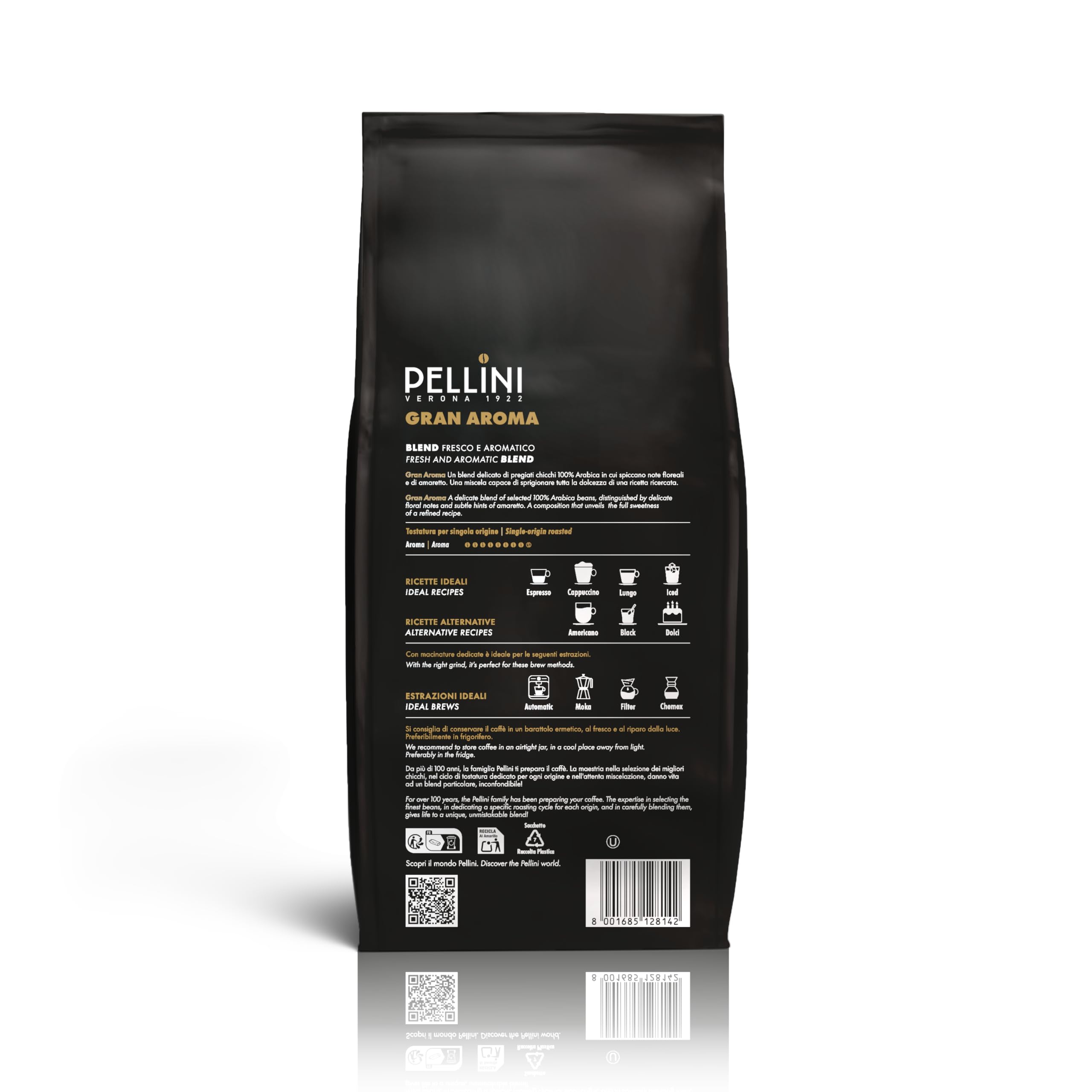 Pellini N.3 Gran Aroma, Caffè in Grani per Espresso 1kg, Miscela 100% Arabica dal Gusto Deciso e Armonioso, Caffè in Chicchi a Tostatura Lenta