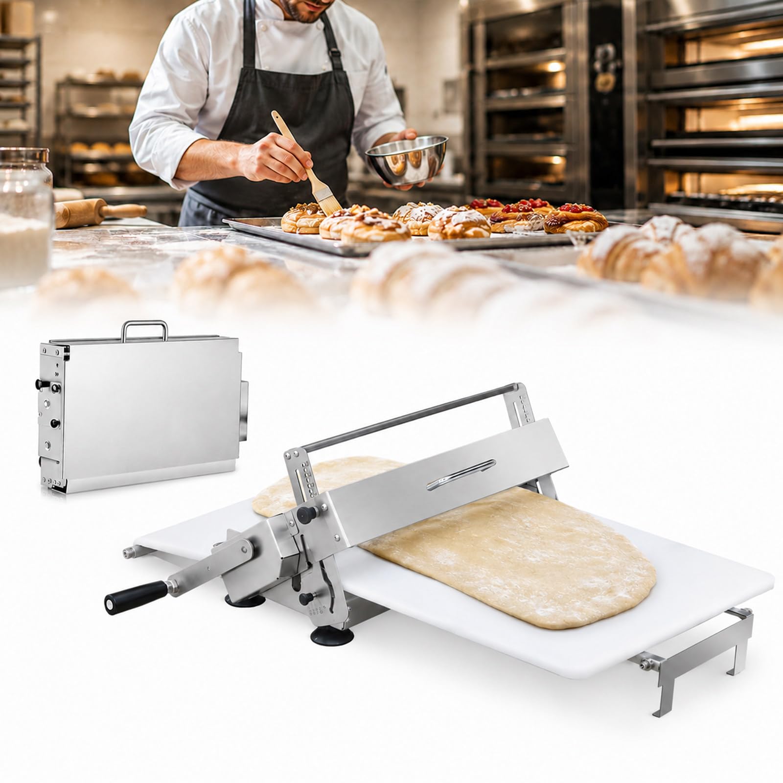 MASTLOUFUL Better Pastry Control, Manual Dough Sheeter with Clear Side Scale and Fine Adjustment Knob for Croissant Dough, Puff Pastry and Tart Crust Prep