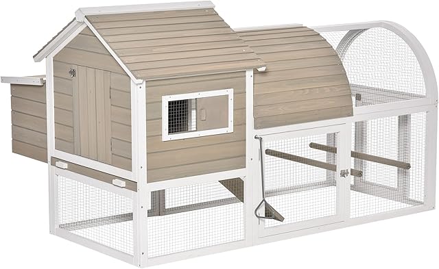 PawHut Chicken Coop with Run Outdoor Hen House Wooden Poultry Coops Cages with Removable Tray Nesting Box Grey 167.5 x 109 x 100cm