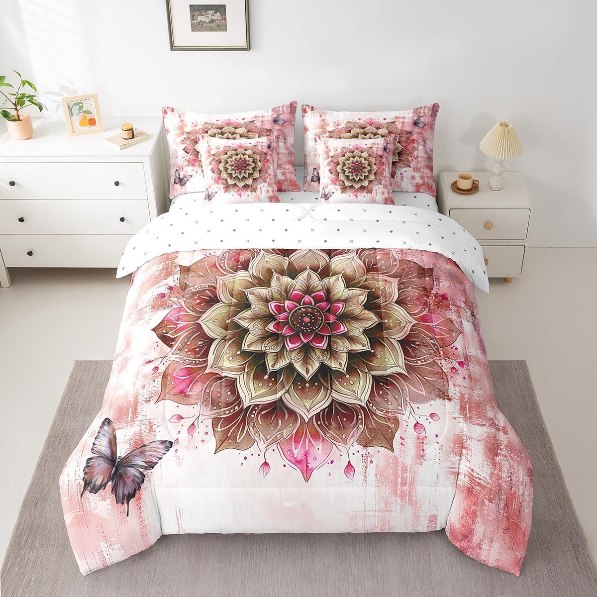 Girls Flower Bedding Comforter Sets 7pcs Mandala Floral Bed in a Bag for Women, Red Gradient Full Bedding Sets Vintage Ombre Comforter Set, Oil Painting Aesthetic Bedding Sets Room Decorative image 2