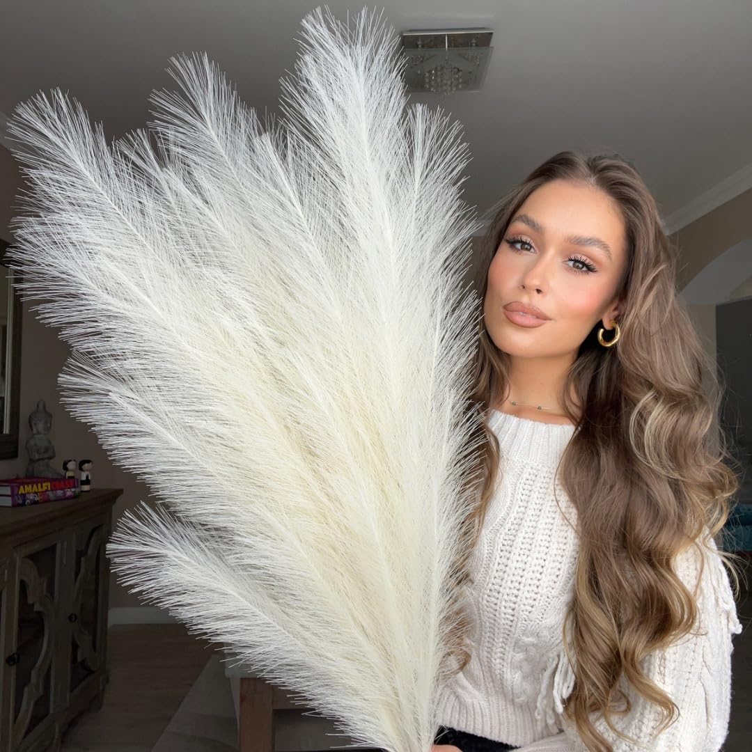 3 tallos de 115 cm, 18 plumas decorativas decorativas de flores artificiales para jarrones de suelo, color beige crema, extra grandes, color beige, flores largas de pampa