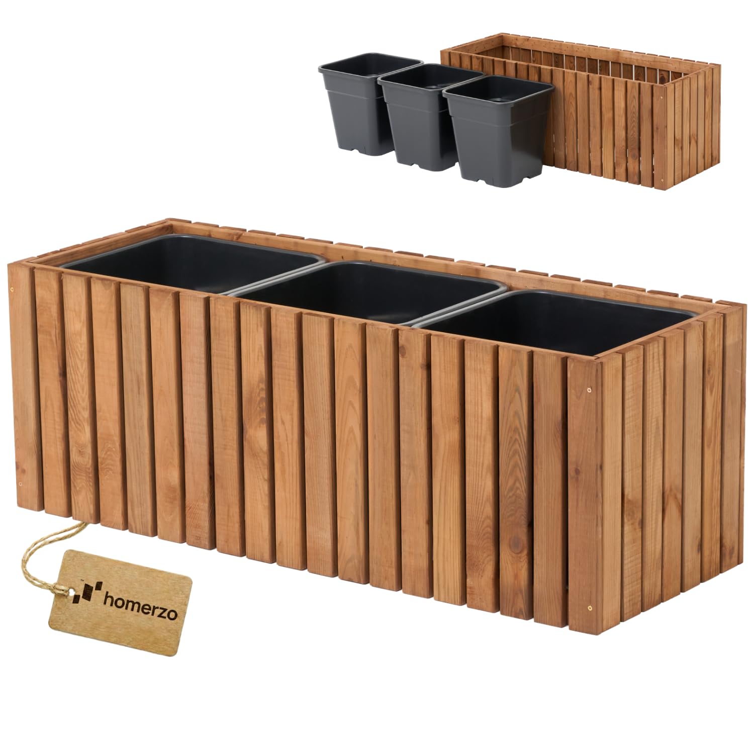 Bac à Plantes en Bois – imprégné et résistant aux intempéries – avec Insert en Plastique Amovible – Jardinière surélevée pour Balcon, Jardin, terrasse (Vertical-Brun 98x36 H35 cm)