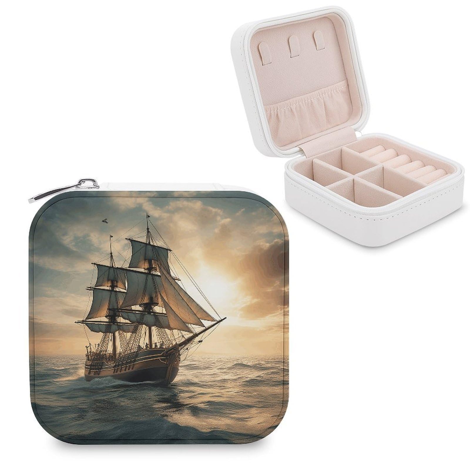 VstaDank Ship Sailing Alone Travel Jewelry Case Small Portable Jewellry Organizer Box PU Leather Organizer Boxes Personalized Jewellery Storage Holder Gift for Womens Rings Earrings