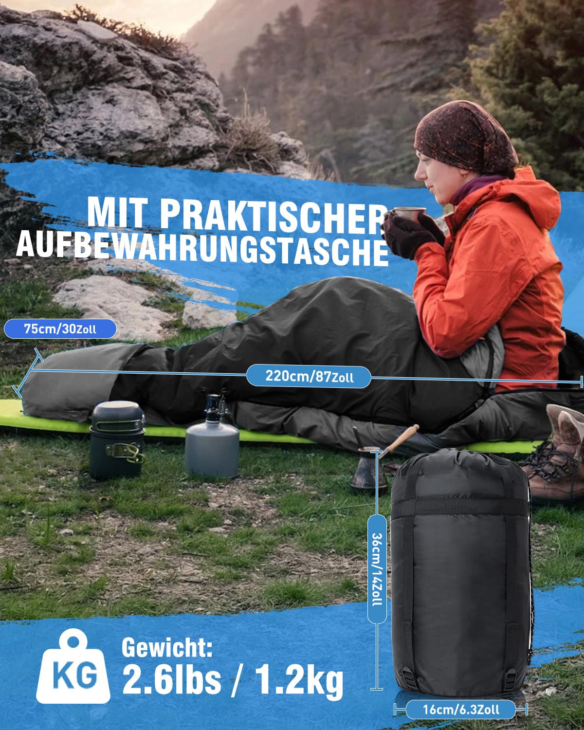 Schlafsack 3-4 Jahreszeiten, Outdoor Wasserdicht Ultraleicht Deckenschlafsack mit Innentasche für Erwachsene Kinder, Tragbare Kompakter Schlafsack für Camping, Wandern, Reise, 220 * 75cm