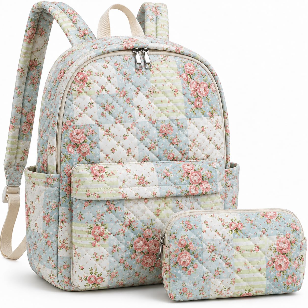 Cotton Laptop Backpack for Women, 15.6 Inch Work Travel College Bag | 2-Piece Set, Matching Pouch, Quilted Floral Design, Large Capacity, Multi-Pocket Storage, Padded Sleeve, Adjustable Straps Pink Puzzle