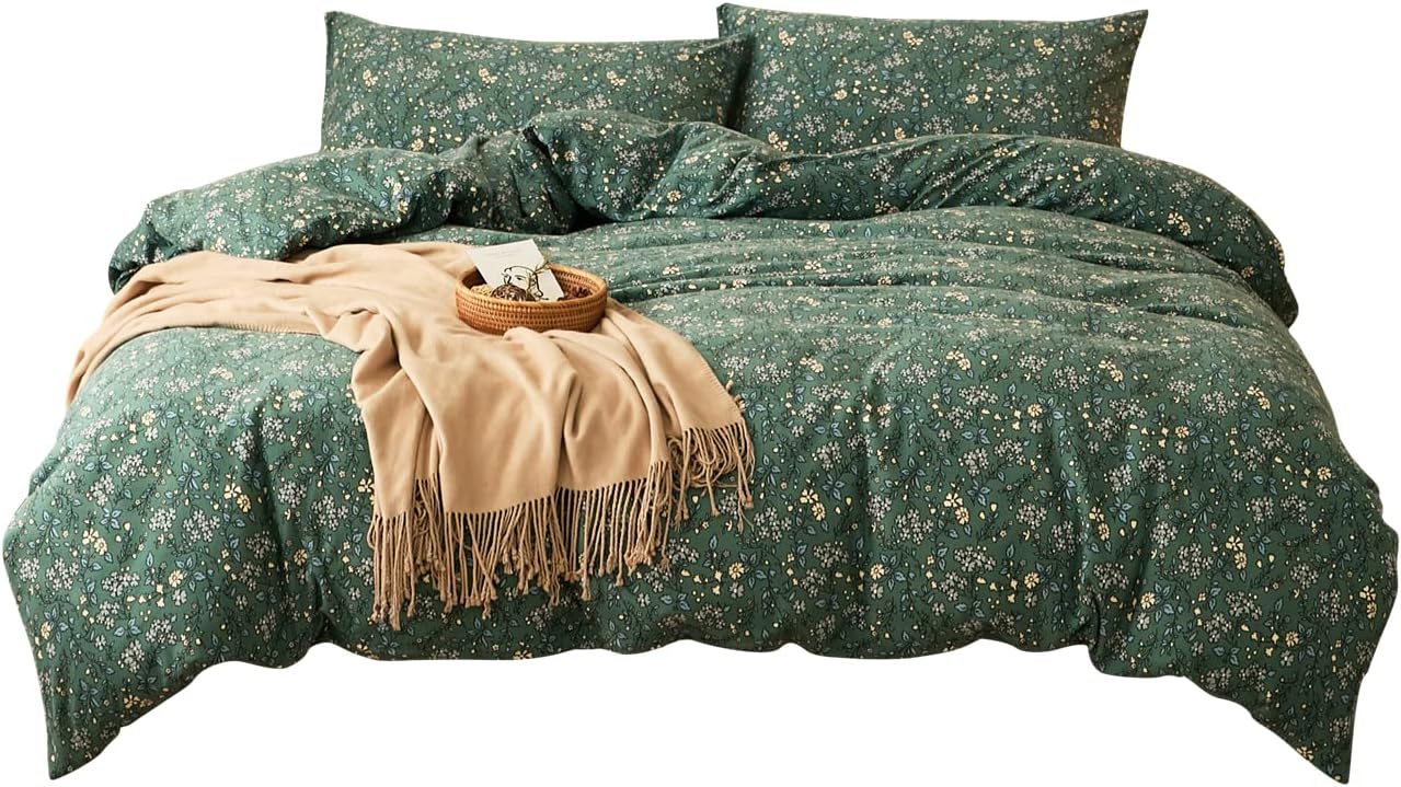 VClife Retro Floral Duvet Cover Queen, Green Bedding Sets Jersey Knit Quilt Cover Sets - 1 Duvet Cover 2 Pillow Shams, Hotel Quality Forest Green Vintage Style All Season Bedding Comforter Cover Sets