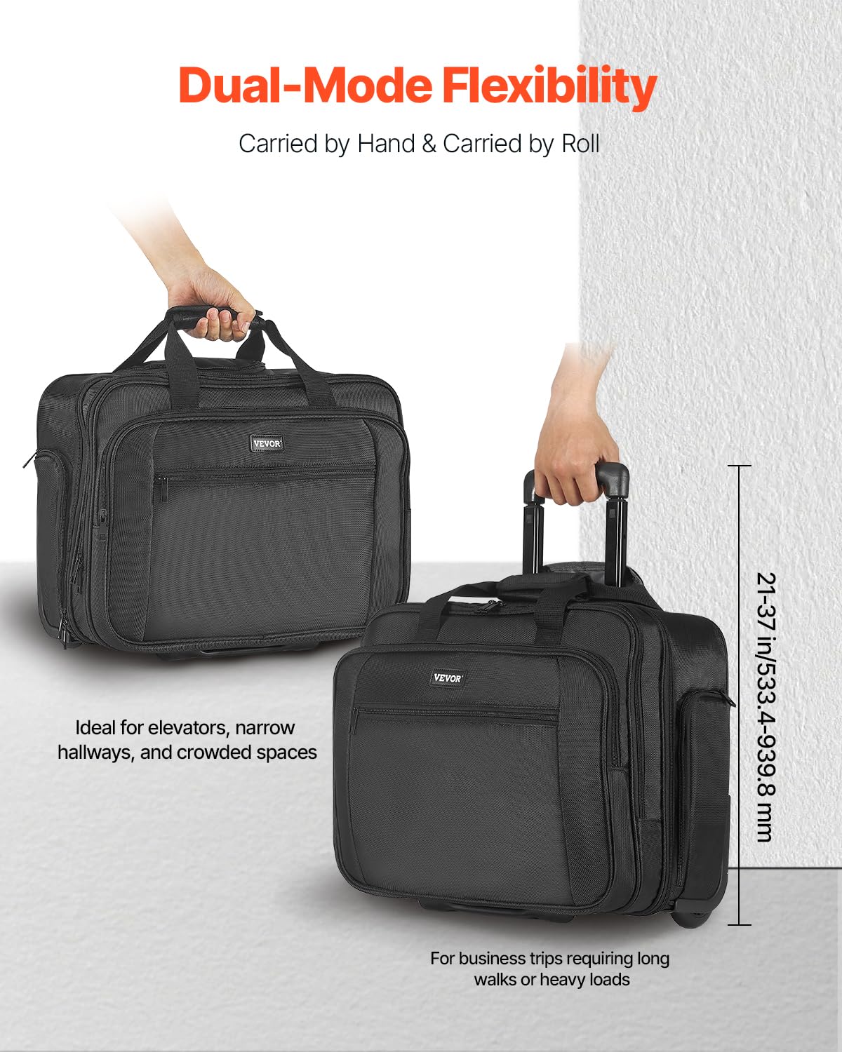 VEVOR Laptop Trolley, passend für Laptops bis zu 17,3 Zoll (44 cm), Aktenkoffer, Notebooktasche mit Rollen und Teleskopgriff, Laptoptasche für Arbeit, Reisen, Büro, 450x210x370 mm (Schwarz)