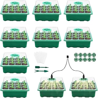 Zhiaek 8 Pack Seed Starter Tray with Humidity Dome 2 Pack Seed Starter Kit with Grow Light Mini Greenhouse Germination Kit for Plant Seed Growing Starting 120 Cells (Green)