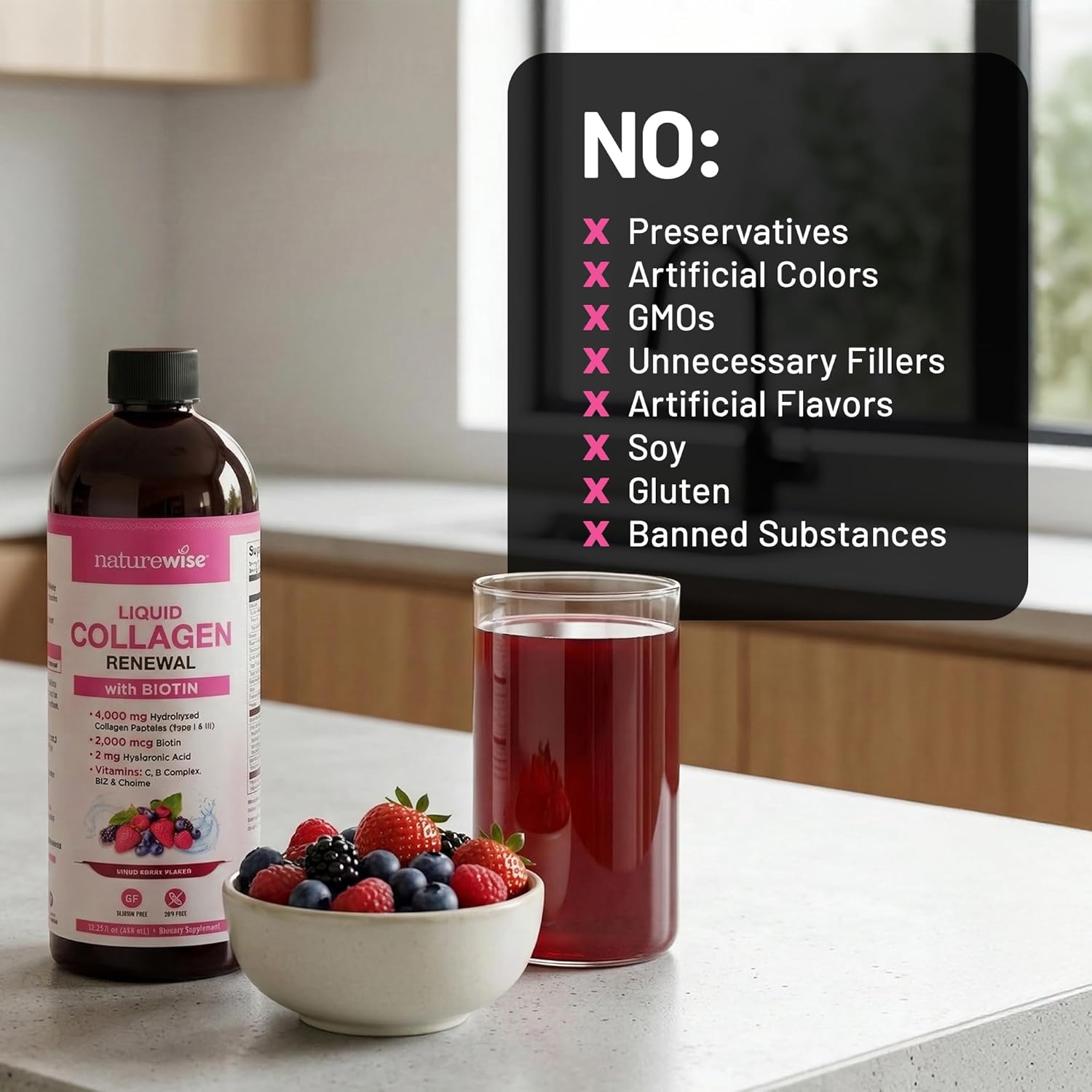 NatureWise Hydrolyzed Liquid Collagen for Women & Men 4000mg - Multi Collagen Peptides + Biotin + Vitamin C + Vitamin B Complex & Hyaluronic Acid - Mixed Berry - 15.22 fl oz[45 Day Supply]