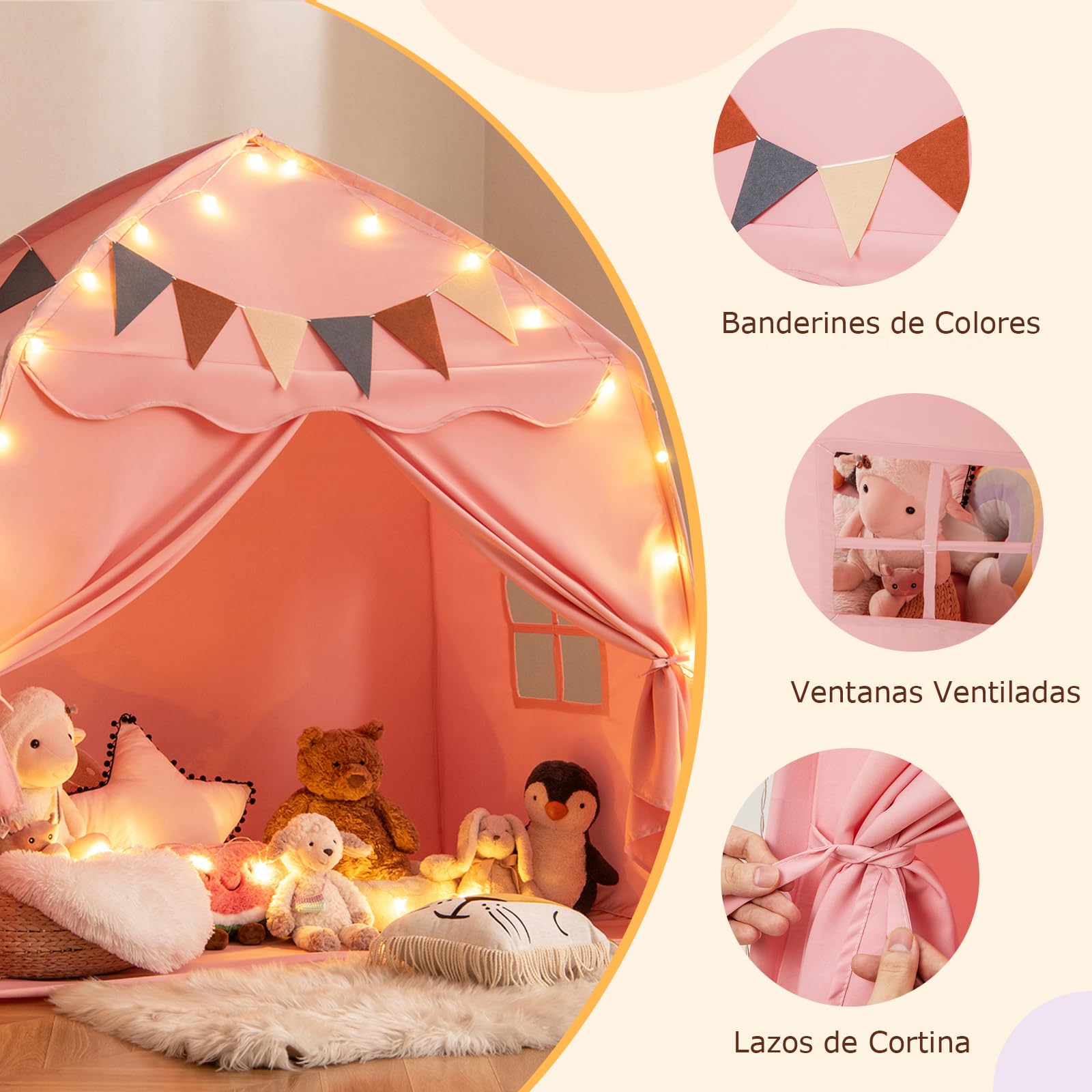 GOPLUS Tienda Grande para Niños, Casa de Juego en Forma de Cúpula con Luces Brillantes, Banderines, 2 Puertas 2 Ventanas, Tienda Tipi Lavable a Máquina para Niños de 3+ Años (Rosa)